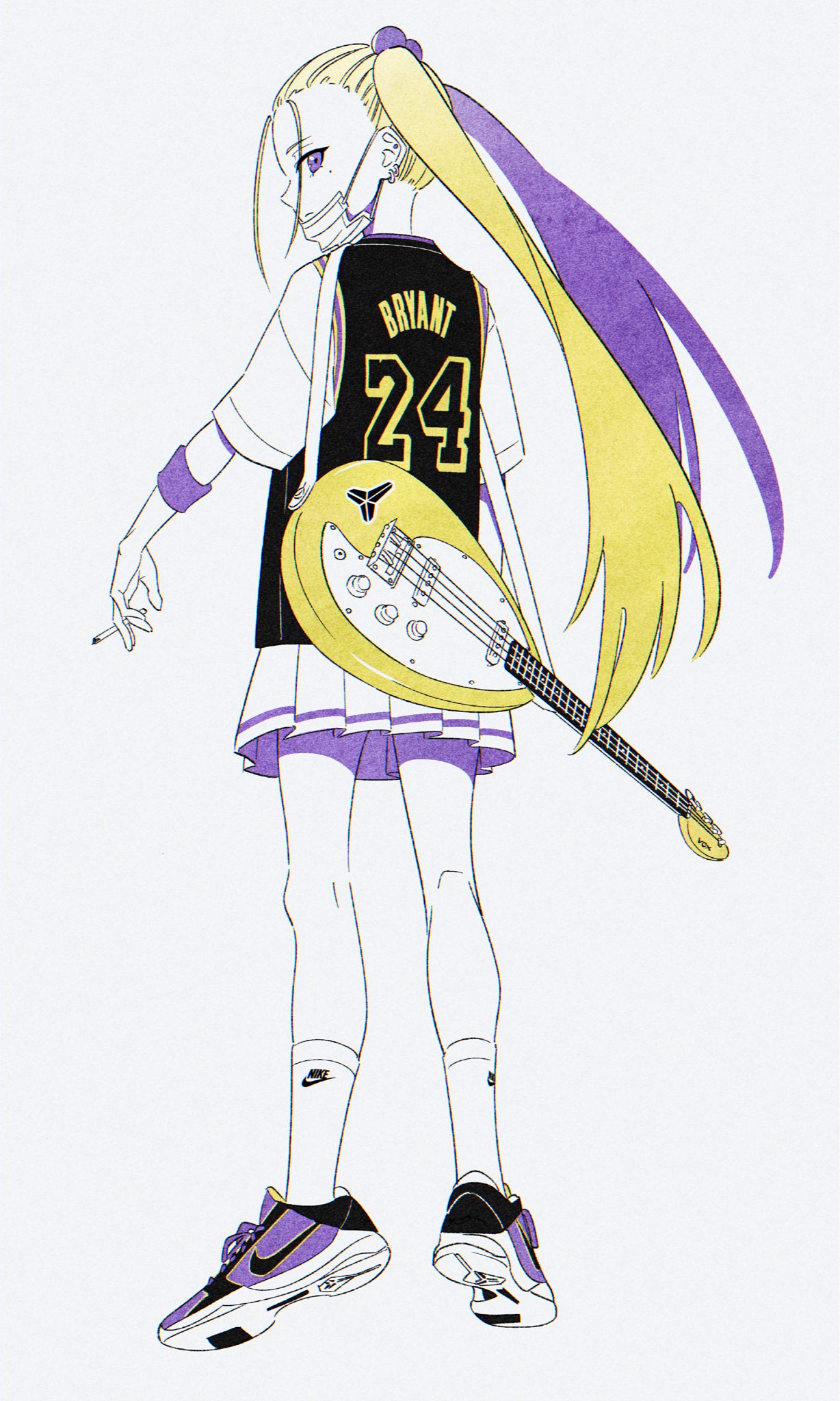 1girl acubi_tomaranai basketball_jersey bass_guitar cigarette closed_mouth ear_piercing from_behind frown full_body grey_background highres holding holding_cigarette instrument jersey kobe_bryant looking_at_viewer looking_back los_angeles_lakers mask mole mole_under_eye mouth_mask multicolored_hair nike original piercing pleated_skirt product_placement shirt shoes simple_background skirt sneakers socks solo surgical_mask sweatband twintails two-tone_hair violet_eyes white_shirt