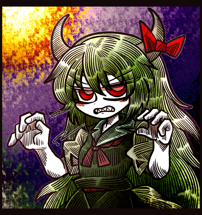 1girl black_border blush border bow claw_pose clenched_teeth collared_dress commentary dress ex-keine eyebrows_visible_through_hair gradient_hair green_dress green_hair hair_between_eyes hands_up hatching_(texture) horn_bow horn_ornament horns kamishirasawa_keine linear_hatching long_hair looking_at_viewer multicolored_hair neckerchief puffy_short_sleeves puffy_sleeves red_bow red_eyes red_neckerchief sharp_teeth short_sleeves solo suenari_(peace) teeth touhou two-tone_hair upper_body v-shaped_eyebrows white_hair