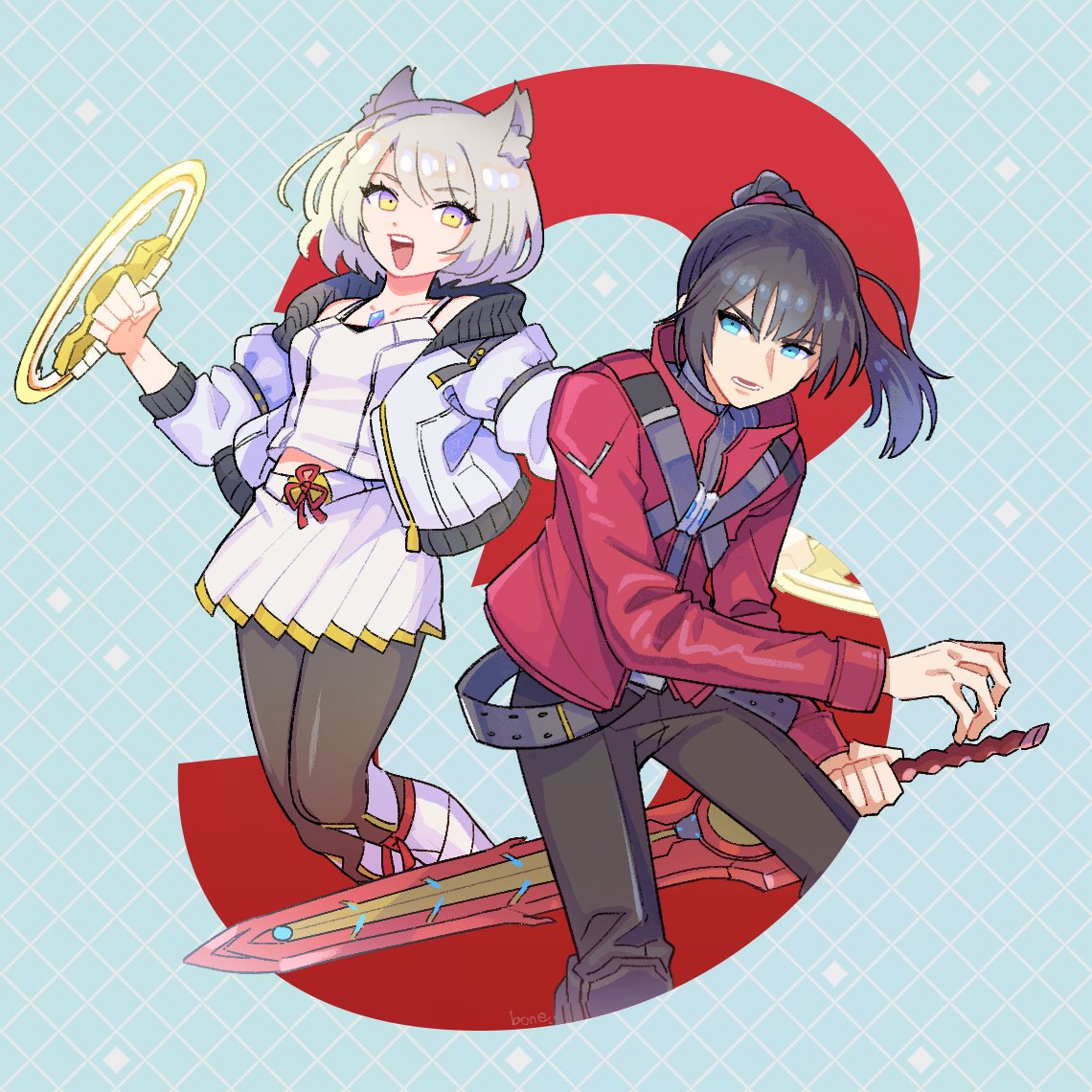 1boy 1girl animal_ears bangs black_hair black_legwear blue_eyes bone_(stare) breasts cat_ears chest_jewel collarbone eyebrows_visible_through_hair hair_tie jacket long_hair looking_at_viewer mio_(xenoblade) noah_(xenoblade) open_mouth pantyhose ponytail red_jacket red_ribbon ribbon short_hair shoulder_strap simple_background skirt small_breasts smile sword tank_top weapon white_hair white_jacket white_skirt white_tank_top xenoblade_chronicles_(series) xenoblade_chronicles_3 yellow_eyes