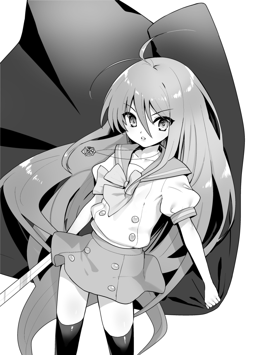 1girl ahoge bangs bow bowtie buttons collarbone commentary_request double-breasted eyebrows_visible_through_hair floating_hair grey_background greyscale hair_between_eyes highres jewelry long_hair looking_at_viewer monochrome ohlia parted_lips puffy_short_sleeves puffy_sleeves sailor_collar school_uniform serafuku shakugan_no_shana shana shiny shiny_hair shirt short_sleeves sidelocks simple_background skirt solo sword thigh-highs very_long_hair weapon white_background