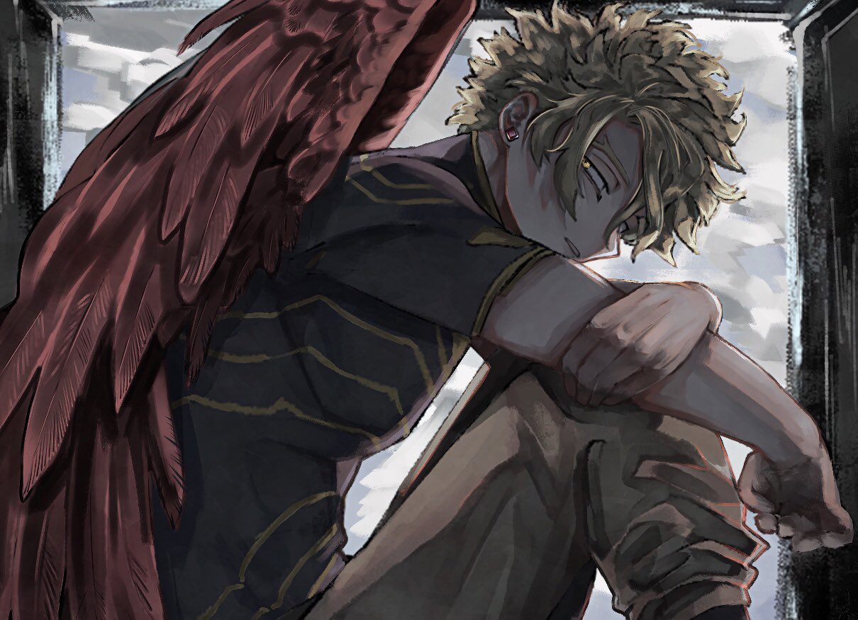 1boy backlighting belt black_legwear blonde_hair boku_no_hero_academia costume earrings elbows_on_knees facial_hair facial_mark feathered_wings from_side gloves goatee hand_on_own_arm hawks_(boku_no_hero_academia) jewelry knees_to_chest long_bangs looking_at_viewer male_focus messy_hair na_4na_4 outstretched_arm parted_lips pectorals red_feathers red_wings shirt short_hair sidepec sitting_in_window solo stubble stud_earrings tight tight_shirt wings yellow_eyes