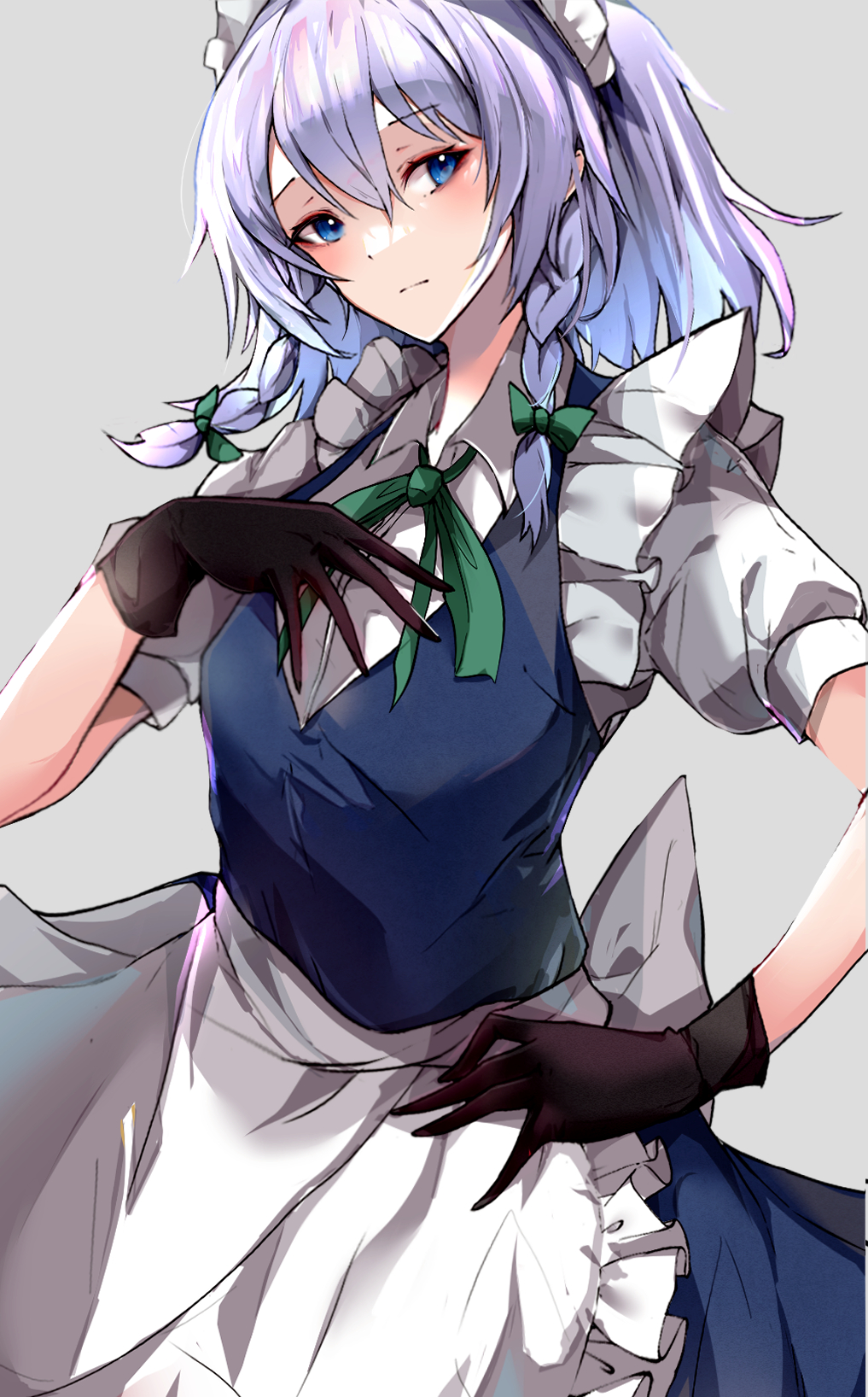 1girl apron back_bow bangs blue_eyes bow braid brown_gloves closed_mouth expressionless eyebrows_visible_through_hair feet_out_of_frame frilled_apron frills gloves green_bow grey_background hair_bow hand_on_hip hand_on_own_chest head_tilt headdress highres izayoi_sakuya krs_(kqrqsi) lips looking_at_viewer maid maid_headdress medium_hair puffy_short_sleeves puffy_sleeves sash short_sleeves side_braids sidelocks silver_hair simple_background solo standing touhou twin_braids waist_apron white_apron white_sash window wrist_cuffs