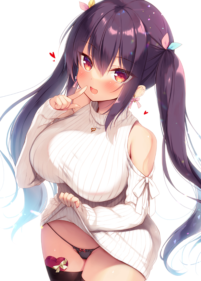 1girl :d bangs bare_shoulders black_legwear black_panties blush bow bow_earrings bow_panties box breasts clothing_cutout commentary_request dress earrings eyebrows_visible_through_hair hair_between_eyes hair_ribbon hand_up heart heart-shaped_box jewelry large_breasts lifted_by_self long_hair long_sleeves original panties purple_hair red_eyes ribbed_sweater ribbon sazaki_ichiri shoulder_cutout simple_background sleeves_past_wrists smile solo sweater sweater_dress thigh-highs turtleneck turtleneck_sweater twintails underwear valentine very_long_hair white_background white_sweater