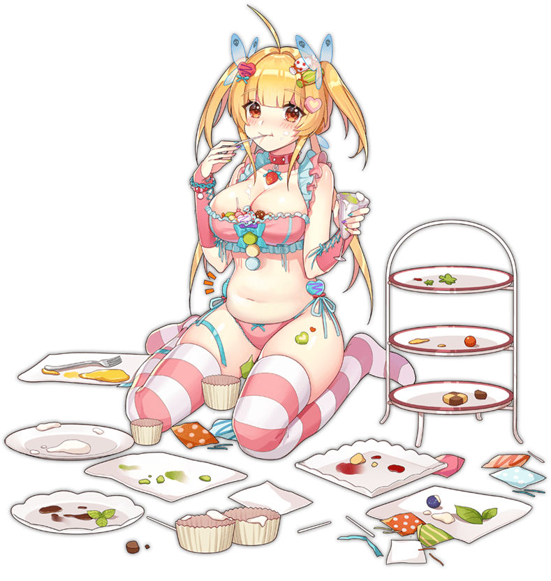 1girl ahoge ark_order artist_request beelzebub_(ark_order) blonde_hair blush bow bow_panties bra breasts butterfly_hair_ornament candy checkerboard_cookie choker cookie eating food food-themed_hair_ornament food_on_breasts fork frilled_bra frilled_panties frills fruit full_body gloves hair_ornament heart heart_hair_ornament holding holding_spoon large_breasts looking_at_viewer multicolored_nails official_art panties pink_bra pink_choker pink_gloves pink_panties plate plump red_eyes side-tie_panties sitting solo spoon stick stomach strawberry tachi-e tiered_tray transparent_background two_side_up underwear utensil_in_mouth w_arms wariza