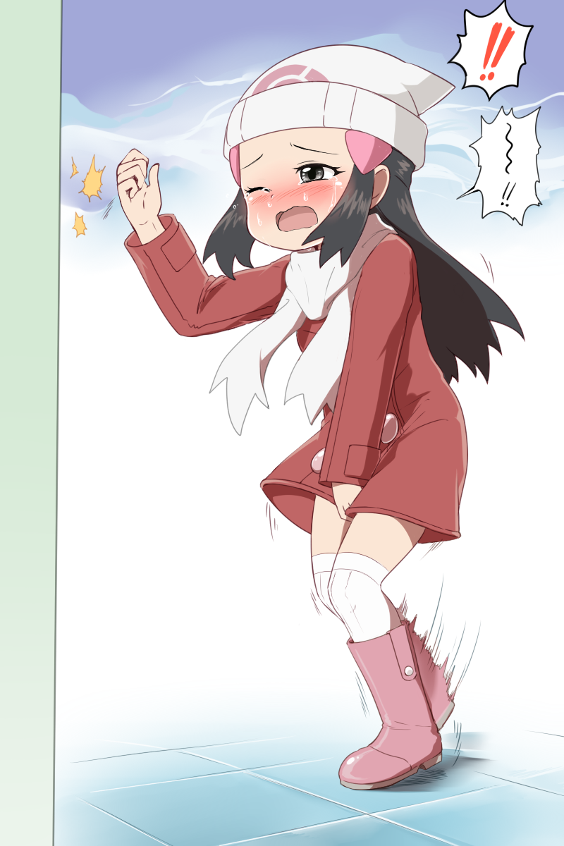 ! !! 1girl arm_up beanie between_legs black_eyes black_hair blush boots commentary_request crying embarrassed flat_chest hair_ornament hairclip half-closed_eye hand_between_legs hat have_to_pee highres hikari_(pokemon) kamamau_(krkrpee) knee_boots knocking legs_together long_hair long_sleeves motion_lines nose_blush one_eye_closed open_mouth over-kneehighs pink_footwear poke_ball_symbol pokemon pokemon_(game) pokemon_dppt pokemon_platinum scarf shiny shiny_hair sidelocks solo speech_bubble spoken_exclamation_mark standing tears thigh-highs wavy_mouth white_headwear white_legwear white_scarf wince zettai_ryouiki