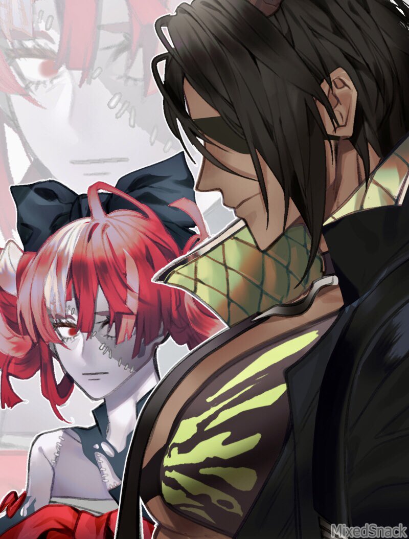 1boy 1girl aragami_oga bandaged_chest black_bow black_dress black_eyepatch black_hair black_jacket bow colored_skin dark-skinned_male dark_skin dress eyepatch grey_hair grey_skin hair_behind_ear hair_bow hair_over_one_eye hololive hololive_indonesia holostars horns jacket kureiji_ollie meme mixedsnack multicolored_hair muscular muscular_male one_eye_covered pectoral_cleavage pectoral_envy_(meme) pectorals red_eyes redhead single_horn streaked_hair torn_clothes torn_dress virtual_youtuber zombie zoom_layer