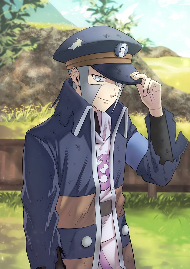 1boy black_coat black_headwear black_shirt brown_coat buttons closed_mouth coat commentary_request day fence grass green_(gurin) grey_eyes grey_hair hand_on_headwear hand_up hat high_collar ingo_(pokemon) long_sleeves looking_at_viewer male_focus open_clothes open_coat outdoors pokemon pokemon_(game) pokemon_legends:_arceus shirt short_hair sideburns smile solo standing striped_coat torn_coat
