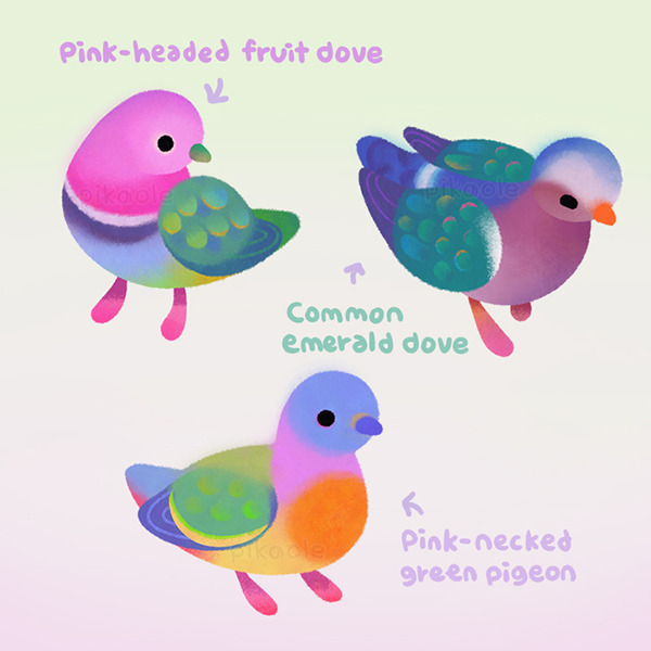 animal animal_focus arrow_(symbol) artist_name beak bird closed_eyes closed_mouth commentary dove english_commentary english_text gradient gradient_background no_humans original pigeon pikaole pink_background simple_background solid_circle_eyes standing watermark yellow_background