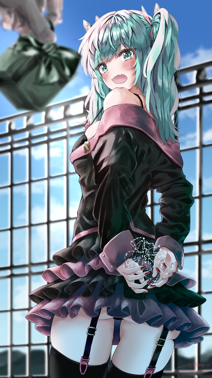 1girl afterimage aqua_eyes aqua_hair arms_behind_back ass bare_shoulders black_bra black_dress blurry blurry_background blurry_foreground blush bra butterfly_hair_ornament commentary day dress embarrassed fang frilled_dress frills from_below furrowed_brow garters gate gift hair_ornament hatsune_miku highres holding honey_whip_(module) layered_dress medium_hair nail_polish open_mouth outdoors pink_dress project_diva_(series) red_nails shirubaa skin_fang solo thigh_gap twintails underwear valentine vocaloid
