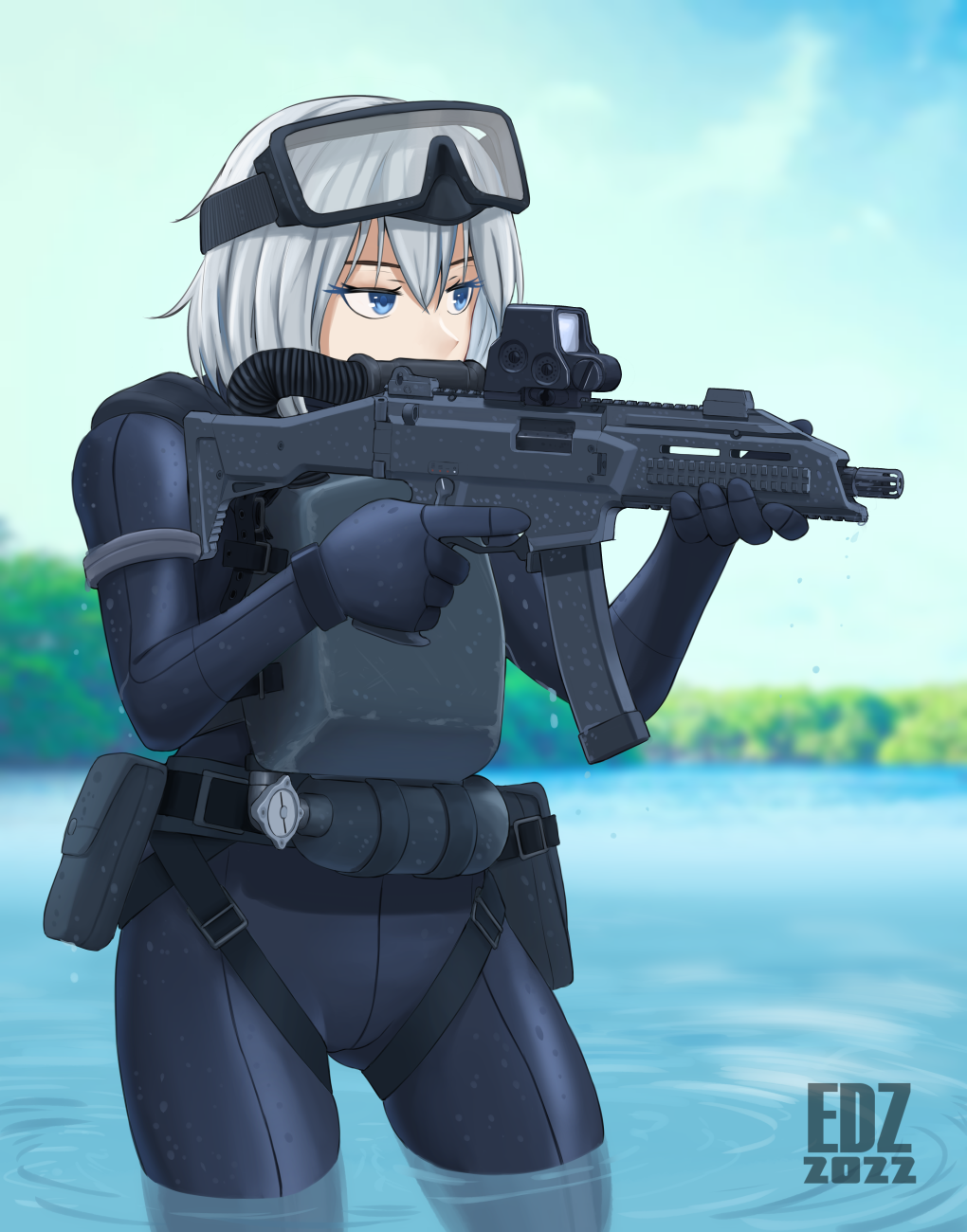 1girl artist_name black_gloves black_wetsuit blue_eyes blue_sky bodysuit edzactly gloves goggles goggles_on_head gun highres in_water original outdoors reflex_sight scenery short_hair sky solo submachine_gun trigger_discipline wading water weapon weapon_request wetsuit white_hair