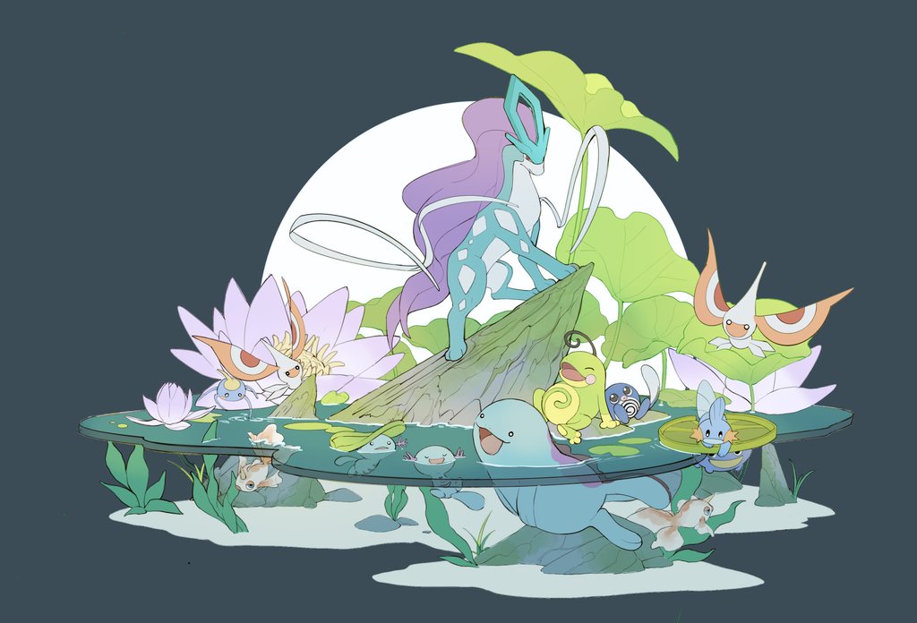 :d animal_focus goldeen grey_background happy lanjiujiu lily_pad lotad masquerain mudkip open_mouth partially_underwater_shot pokemon pokemon_(creature) politoed poliwag quagsire smile suicune surskit tongue water wooper