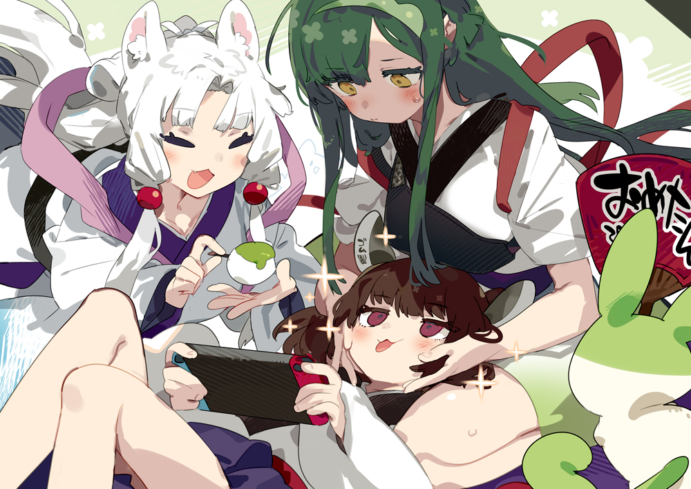 3girls :d animal_ear_fluff animal_ears bangs blue_skirt brown_eyes brown_hair closed_eyes closed_mouth commentary_request eyebrows_visible_through_hair feet_out_of_frame food green_hair green_hairband hairband holding holding_food japanese_clothes karei kimono knees_up long_hair long_sleeves lying multiple_girls muneate nintendo_switch on_back parted_bangs pleated_skirt skirt smile touhoku_itako touhoku_kiritan touhoku_zunko twintails very_long_hair violet_eyes voiceroid white_hair white_kimono