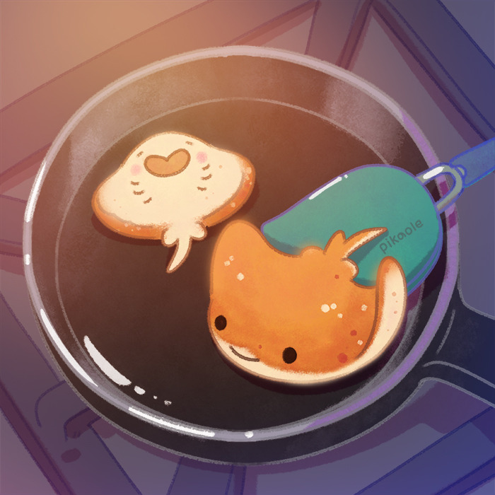 black_eyes blush closed_eyes commentary english_commentary food food_focus frying_pan manta_ray no_humans open_mouth original pancake pikaole smile solid_circle_eyes spatula stove
