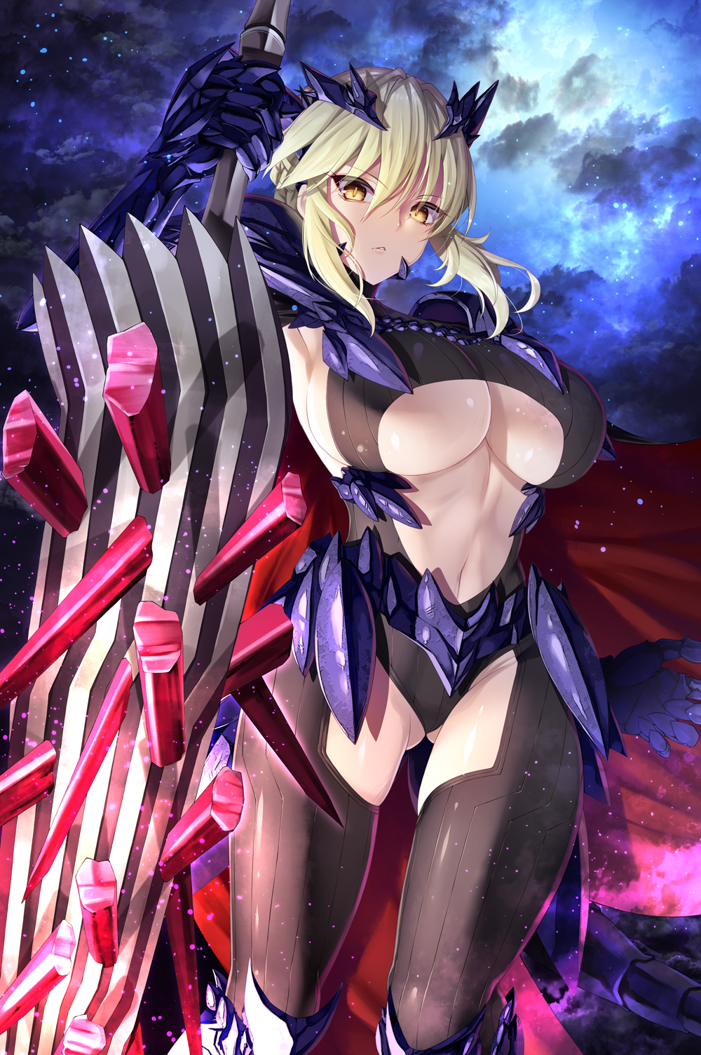 1girl armor armpits artoria_pendragon_(fate) artoria_pendragon_(lancer_alter)_(fate) ass_visible_through_thighs bangs blonde_hair bodysuit braid breasts clothing_cutout clouds commission emanon123 eyebrows_visible_through_hair fate/grand_order fate_(series) french_braid gauntlets hair_between_eyes hair_ornament highres holding holding_polearm holding_weapon large_breasts looking_at_viewer navel night night_sky outdoors polearm revealing_clothes rhongomyniad_(fate) skeb_commission skindentation sky solo stomach under_boob weapon yellow_eyes