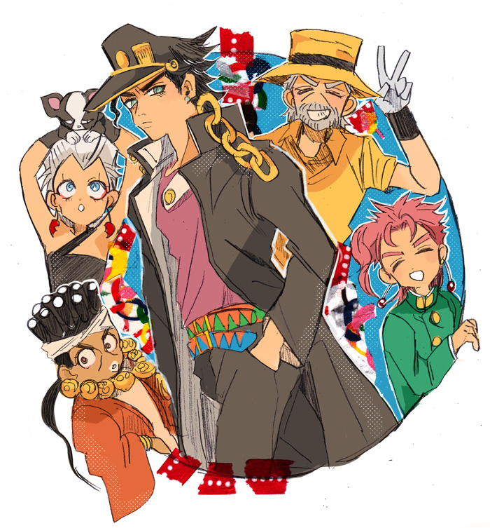 5boys beard black_hair boston_terrier chain dark-skinned_male dark_skin earrings facial_hair fedora gakuran green_eyes grey_hair hands_in_pockets hat iggy_(jojo) jean_pierre_polnareff jewelry jojo_no_kimyou_na_bouken joseph_joestar joseph_joestar_(old) kakyoin_noriaki kujo_jotaro male_focus mohammed_avdol multiple_boys ponytail redhead sahau228 school_uniform stardust_crusaders v white_hair