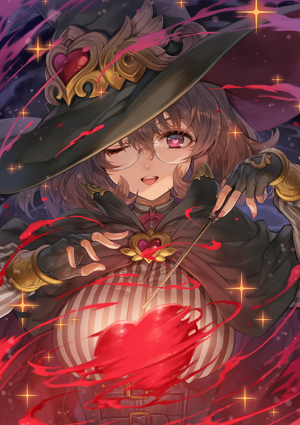 1girl belt_buckle black_cape black_gloves black_headwear breasts brown_hair buckle cape commentary_request fingerless_gloves gloves hagure_keg hair_between_eyes hands_up hat heart heart-shaped_pupils highres holding holding_wand large_breasts looking_at_viewer magic nail_polish one_eye_closed open_mouth original pink_hair pink_nails rimless_eyewear round_eyewear round_teeth shirt solo striped striped_shirt symbol-shaped_pupils teeth underbust upper_body upper_teeth wand witch_hat wizard