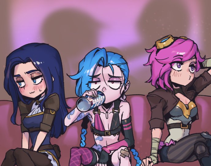 3girls arm_tattoo arm_up bangs bare_shoulders blush braid breasts brown_pants caitlyn_(league_of_legends) can cloud_tattoo collarbone couch crossed_legs drinking eyebrows_visible_through_hair flat_chest goggles goggles_on_head holding holding_can jinx_(league_of_legends) league_of_legends long_hair long_sleeves medium_breasts multiple_girls pants phantom_ix_row pink_hair pouty_lips shiny shiny_hair short_hair siblings single_thighhigh sisters sitting striped striped_pants tattoo thigh-highs twin_braids vi_(league_of_legends) wavy_mouth