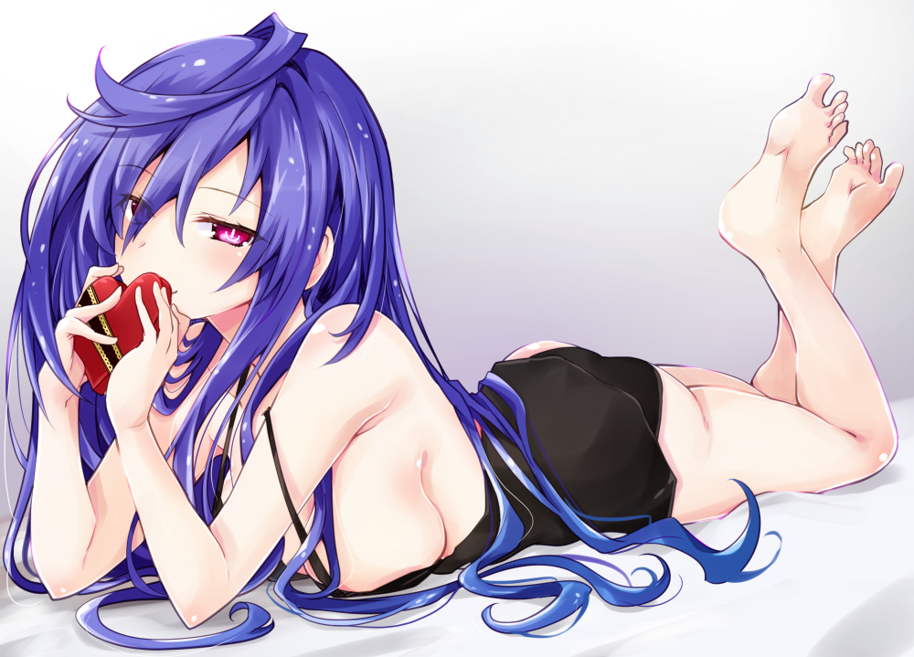 1girl bare_arms bare_legs barefoot blue_hair blush breasts gift iris_heart iwashi_dorobou_-r- kami_jigen_game_neptune_v large_breasts long_hair looking_at_viewer neptune_(series) pink_eyes power_symbol smile solo symbol-shaped_pupils valentine very_long_hair