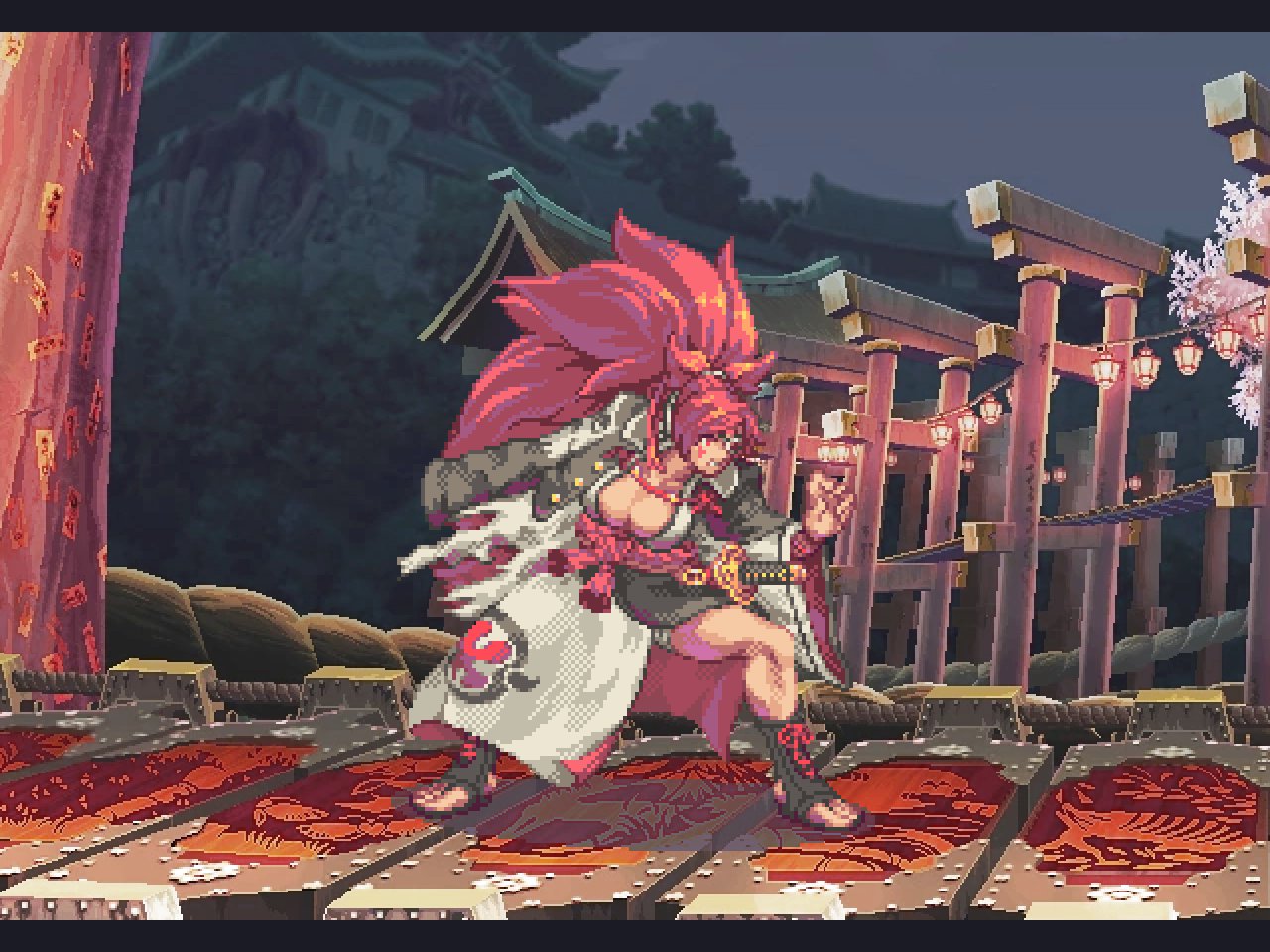 1girl amputee architecture armor baiken bauri_andres big_hair black_jacket black_kimono breasts east_asian_architecture eyepatch fighting_stance greaves guilty_gear guilty_gear_strive jacket jacket_on_shoulders japanese_clothes katana kimono lantern large_breasts multicolored_clothes multicolored_kimono night night_sky one-eyed open_clothes open_kimono pixel_art ponytail red_eyes redhead samurai sandals sash scar scar_across_eye scar_on_face sky sword torii torn_sleeve tree weapon white_kimono wide_sleeves