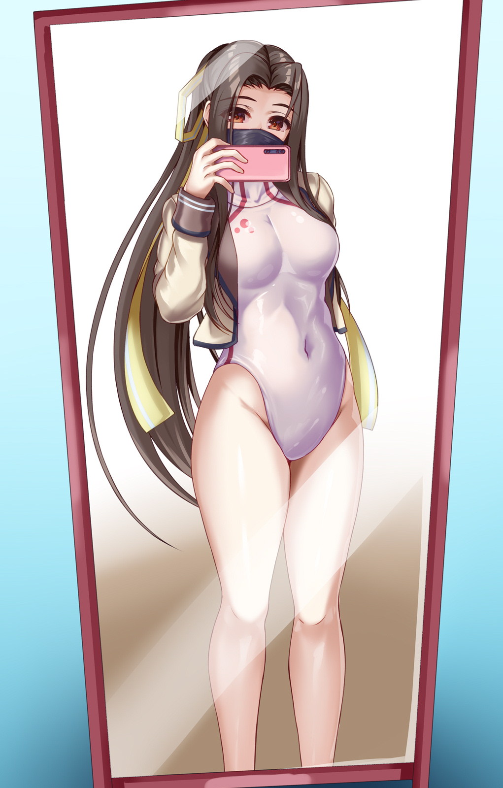 1girl breasts brown_eyes brown_hair brown_jacket cellphone competition_swimsuit covered_navel feet_out_of_frame hair_intakes hair_ribbon highres jacket kozu_rokuta long_hair looking_at_viewer mask medium_breasts mirror mouth_mask one-piece_swimsuit open_clothes open_jacket original phone reflection ribbon selfie solo swimsuit turtleneck white_swimsuit yellow_ribbon