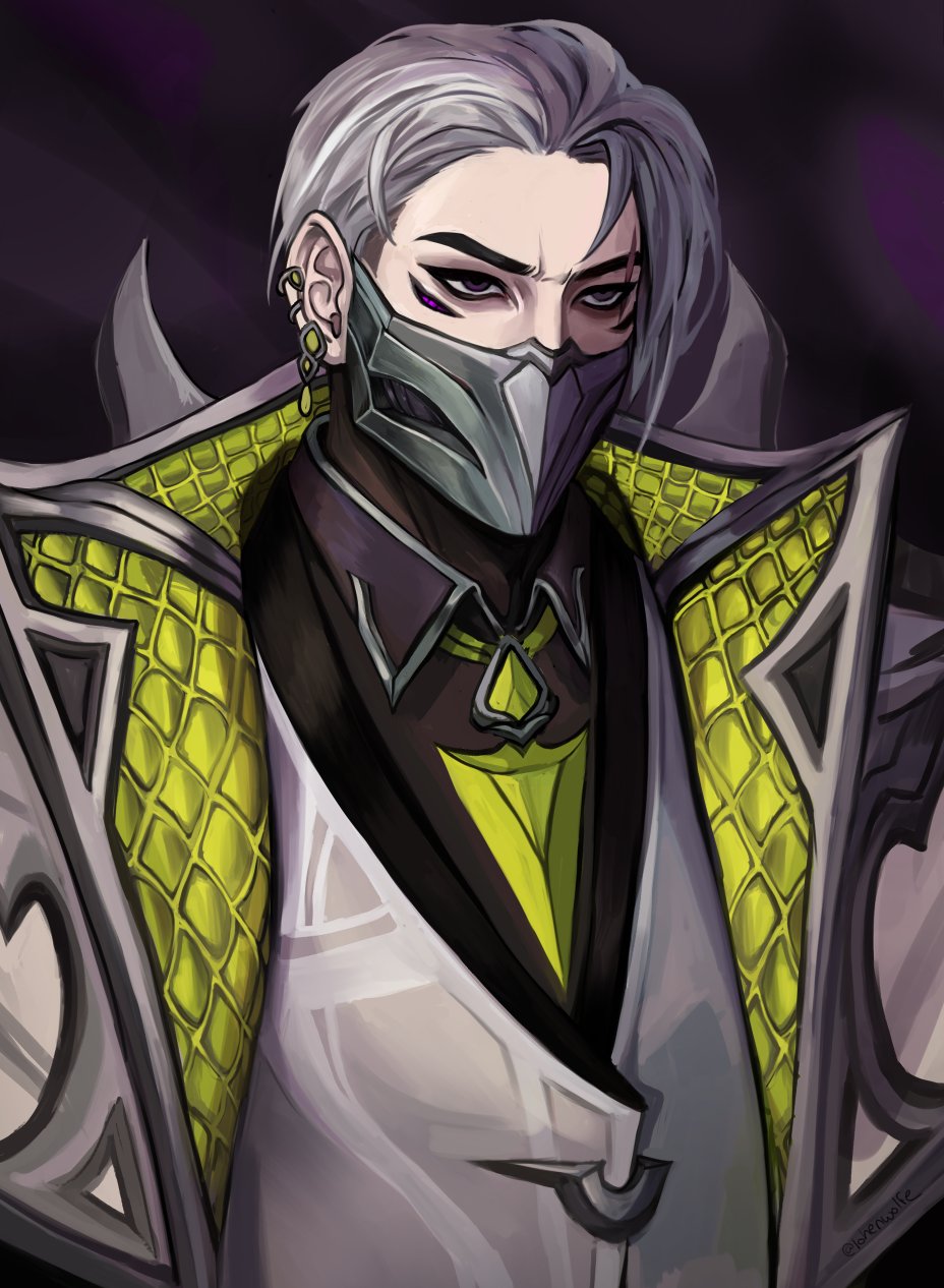 1boy aevi_(lohenwolfe) artist_name bangs black_eyes black_shirt character_request check_character collared_shirt debonair_zed gradient gradient_background grey_hair grey_jacket highres jacket league_of_legends male_focus mask mouth_mask multicolored_clothes multicolored_jacket official_alternate_costume open_clothes open_jacket shiny shiny_hair shirt short_hair solo upper_body yellow_jacket zed_(league_of_legends)