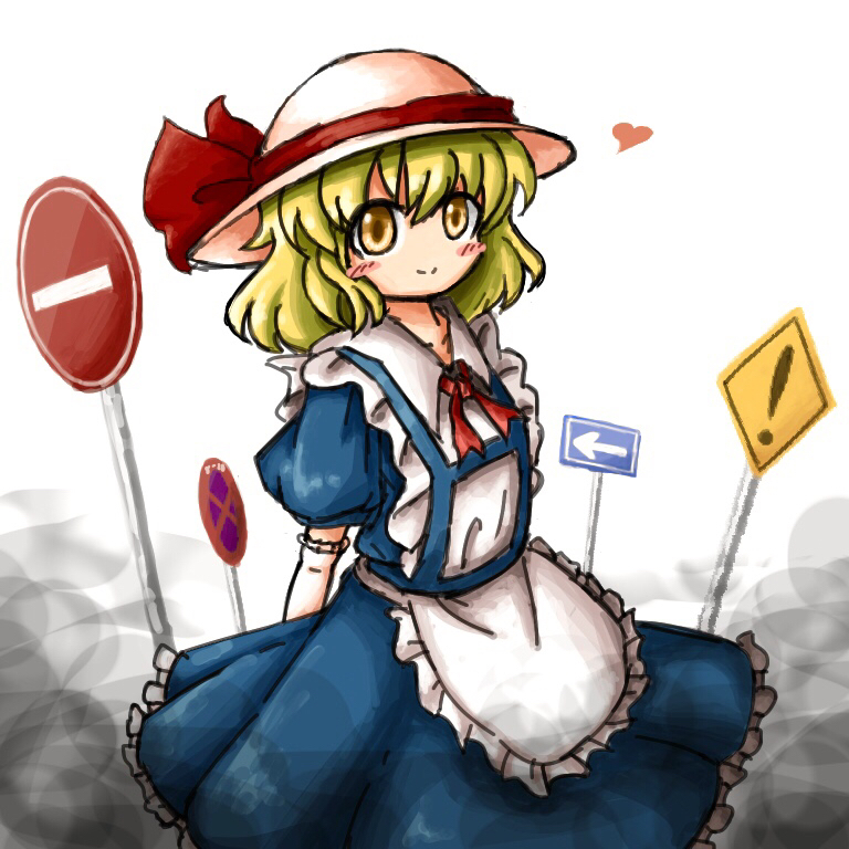 1girl apron bangs be_careful_sign blonde_hair blue_dress blush bow closed_mouth collared_shirt commentary_request dress elbow_gloves frilled_apron frilled_gloves frills gloves hair_between_eyes hat hat_bow heart heripantomorrow kana_anaberal medium_hair neck_ribbon no_parking_sign one_way_sign puffy_short_sleeves puffy_sleeves red_bow red_ribbon ribbon road_sign shirt short_sleeves sign smile solo stop_sign sun_hat touhou wavy_hair white_background white_gloves white_headwear white_shirt yellow_eyes