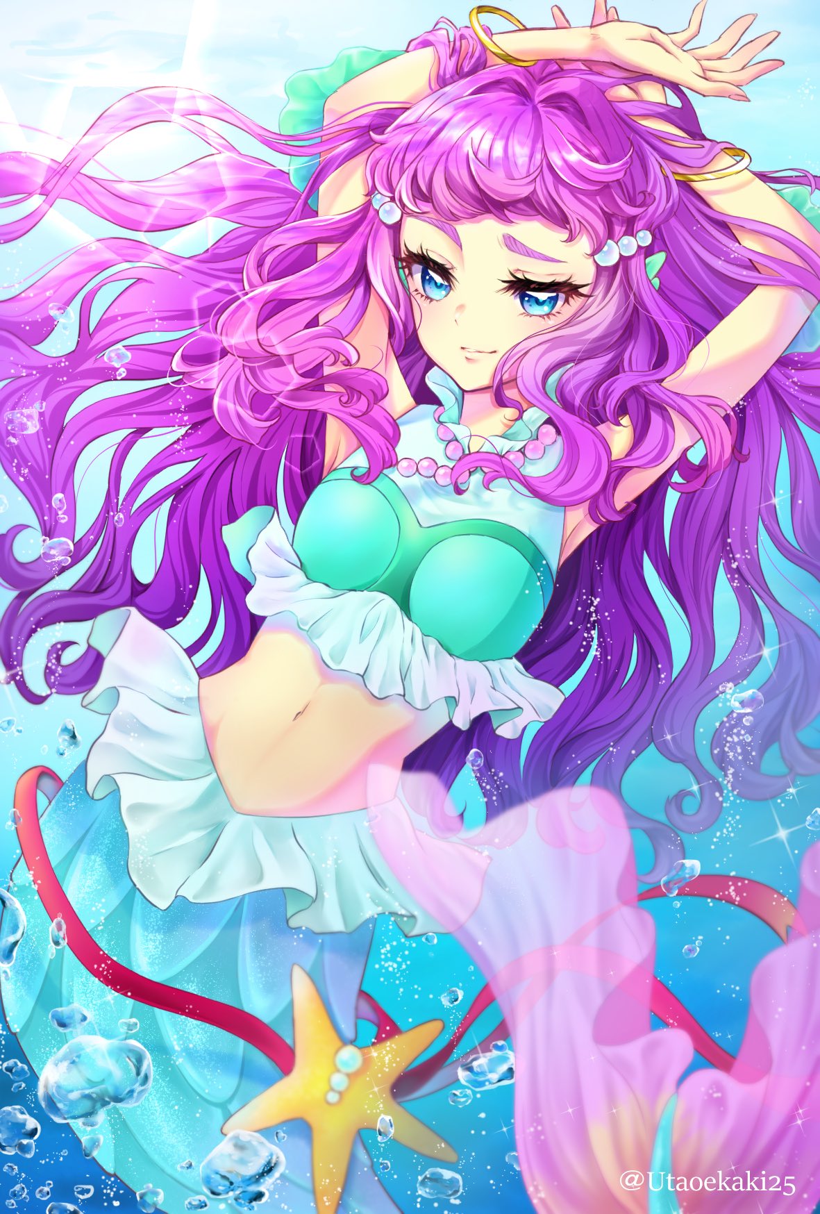 1girl air_bubble aqua_blouse bracelet breasts bubble eyebrows frilled_shirt frills head_fins highres jewelry laura_la_mer mermaid midriff monster_girl pearl_hair_ornament pink_hair precure scales shirt skirt sleeveless sleeveless_shirt small_breasts solo starfish tropical-rouge!_precure twitter_username underwater uta_(yagashiro25) water