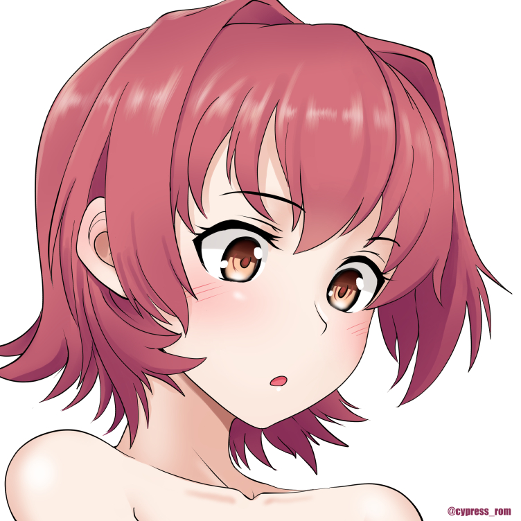 1girl blush collarbone cypress eyebrows_visible_through_hair hair_between_eyes kantai_collection kinu_(kancolle) open_mouth orange_eyes portrait redhead short_hair simple_background solo twitter_username white_background