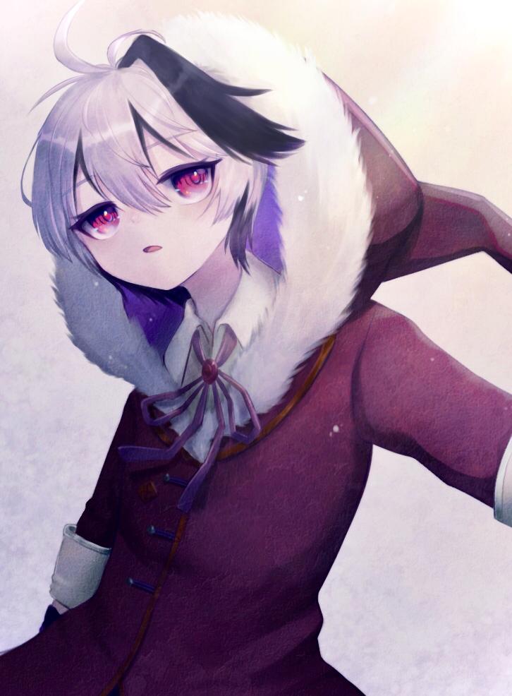 1girl coat commentary flower_(vocaloid) fur-trimmed_coat fur_trim hood hood_up hooded_coat looking_to_the_side multicolored_hair neck_ribbon outstretched_arm parted_lips purple_hair purple_ribbon ribbon santendot short_hair snowing solo streaked_hair upper_body v_flower_(vocaloid4) violet_eyes vocaloid white_hair
