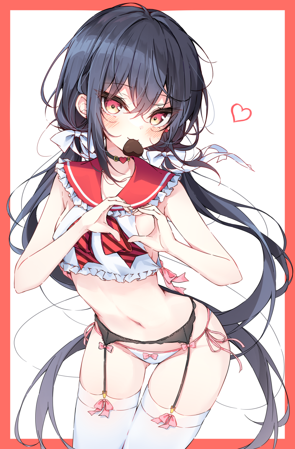 1girl :3 bare_arms bare_shoulders beliatan black_choker black_hair bow bowtie breasts candy chocolate choker cowboy_shot crop_top food frilled_shirt frills garter_belt hair_bow heart heart-shaped_chocolate heart_hands highres leaning_forward long_hair looking_at_viewer low_twintails mouth_hold navel no_pants original panties pink_bow red_eyes sailor_collar sailor_shirt shirt side-tie_panties sleeveless sleeveless_shirt solo stomach string_panties thigh-highs thighs twintails underwear valentine very_long_hair white_legwear white_panties white_shirt