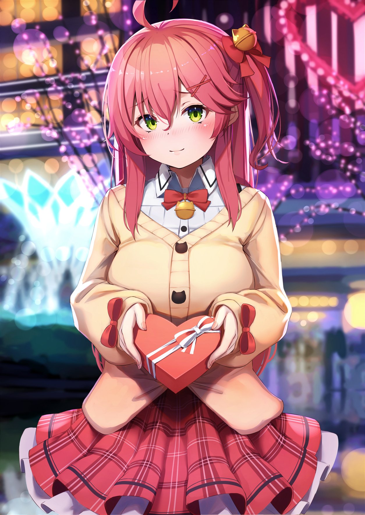 1girl bangs bell blurry blurry_background blush bow bowtie box breasts brown_cardigan cardigan closed_mouth collared_shirt commentary_request eyebrows_visible_through_hair green_eyes hair_bell hair_between_eyes hair_bow hair_ornament heart-shaped_box highres holding holding_box hololive jingle_bell large_breasts long_hair long_sleeves looking_at_viewer nyan_(reinyan_007) one_side_up outdoors plaid plaid_skirt pleated_skirt red_bow red_bowtie red_skirt redhead sakura_miko shirt skirt smile solo virtual_youtuber white_shirt