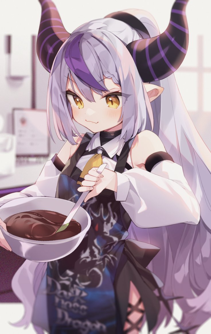 1girl apron ascot bangs black_dress blurry blurry_background blush bowl chocolate closed_mouth commentary_request cowboy_shot demon_horns detached_sleeves dress eyebrows_visible_through_hair holding holding_bowl hololive horns indoors la+_darknesss long_hair long_sleeves looking_away multicolored_hair pointy_ears purple_hair silver_hair solo standing streaked_hair tousaki_shiina very_long_hair virtual_youtuber yellow_ascot yellow_eyes