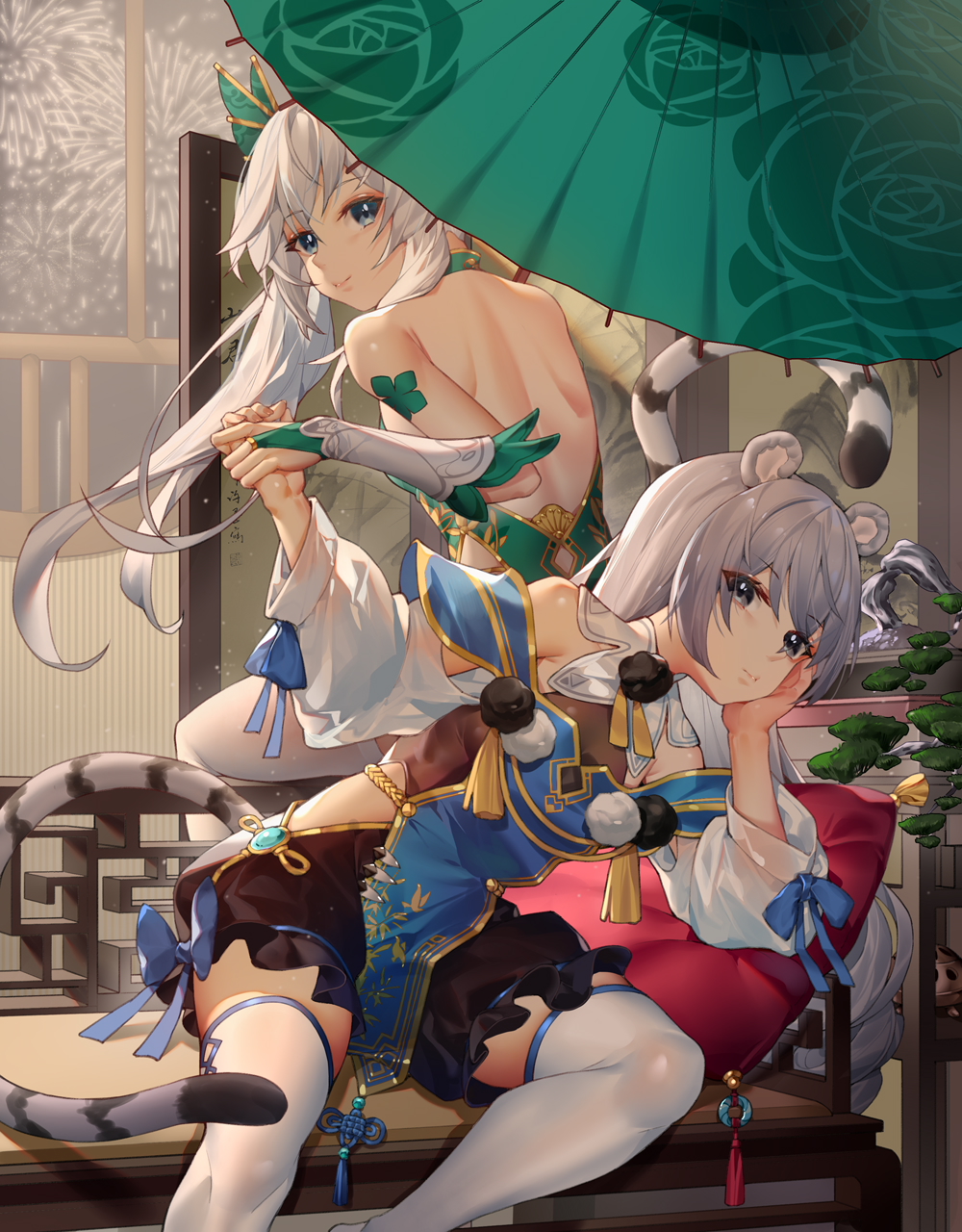 2girls animal_ears back bangs bare_shoulders blue_eyes bronya_zaychik china_dress chinese_clothes closed_mouth couch dress fireworks gauntlets ginklaga grey_eyes grey_hair hand_on_own_cheek hand_on_own_face highres holding holding_umbrella honkai_(series) honkai_impact_3rd long_hair looking_at_viewer looking_back multiple_girls night night_sky oil-paper_umbrella sitting sky sleeveless sleeveless_dress smile tail theresa_apocalypse thigh-highs tiger_ears tiger_tail umbrella white_hair white_legwear window