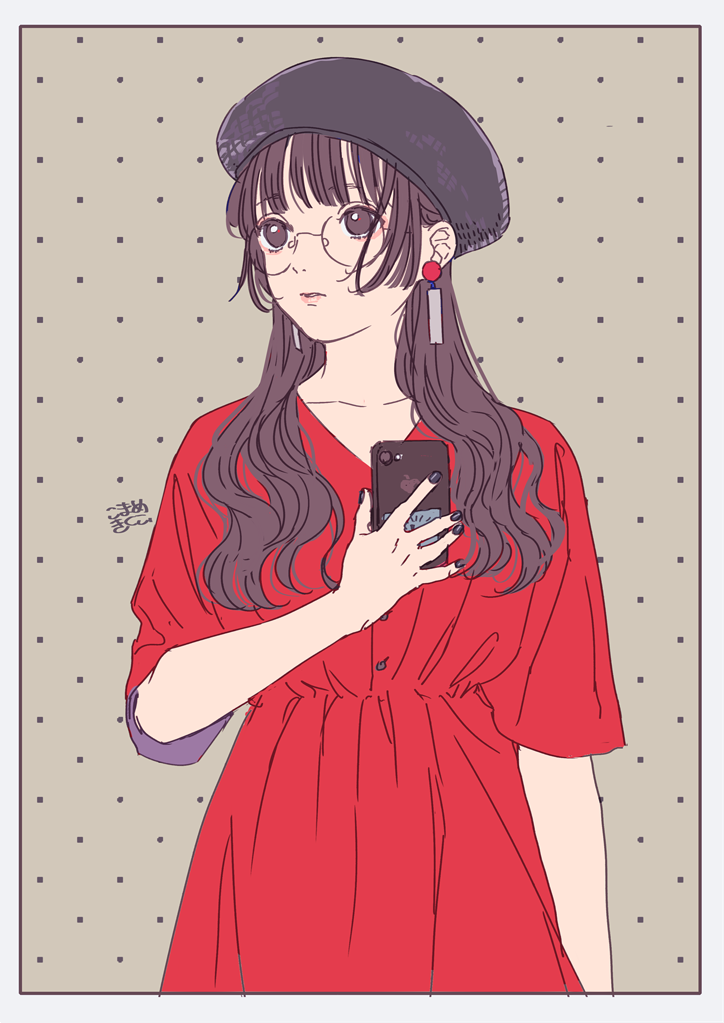 1girl bangs beret black_nails blunt_bangs border brown_eyes brown_hair cellphone dress earrings hat holding holding_phone jewelry long_hair looking_away mosuko nail_polish original parted_lips patterned_background phone red_dress smartphone solo upper_body