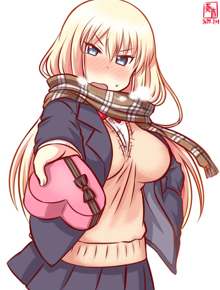 1girl alternate_costume artist_logo bismarck_(kancolle) blonde_hair blue_eyes blush bow bowtie box breasts candy cardigan chocolate collared_shirt cowboy_shot dated embarrassed eyebrows_visible_through_hair food gift gift_box grey_jacket grey_skirt heart heart-shaped_box heart-shaped_chocolate jacket kanon_(kurogane_knights) kantai_collection looking_at_viewer medium_breasts one-hour_drawing_challenge open_mouth red_ribbon ribbon school_uniform shirt simple_background skirt solo valentine white_background white_shirt