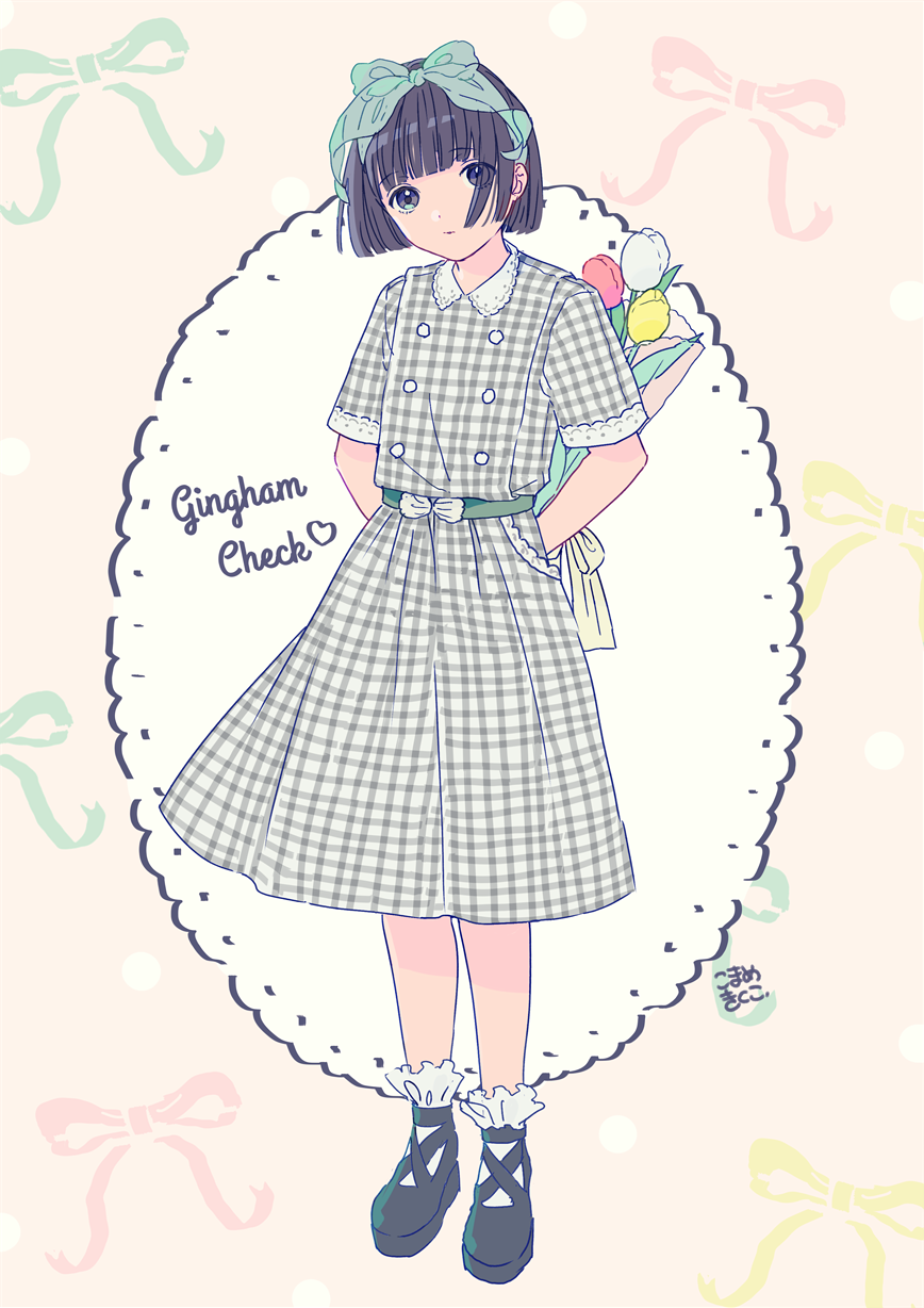 1girl arms_behind_back artist_name belt black_hair blue_eyes border bouquet bow collared_dress dress flower frilled_shirt_collar frills full_body gingham hair_bow highres holding holding_flower mosuko original outside_border patterned_background short_hair short_sleeves solo tulip