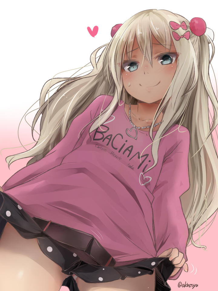 1girl akino_shuu aqua_eyes black_skirt blonde_hair blush bow closed_mouth clothes_writing collarbone cowboy_shot eyebrows_visible_through_hair gradient gradient_background grecale_(kancolle) hair_between_eyes hair_bow heart jewelry kantai_collection long_hair long_sleeves motion_lines necklace panties pink_bow pink_shirt pleated_skirt shirt skirt smile solo striped striped_panties twitter_username underwear wavy_hair