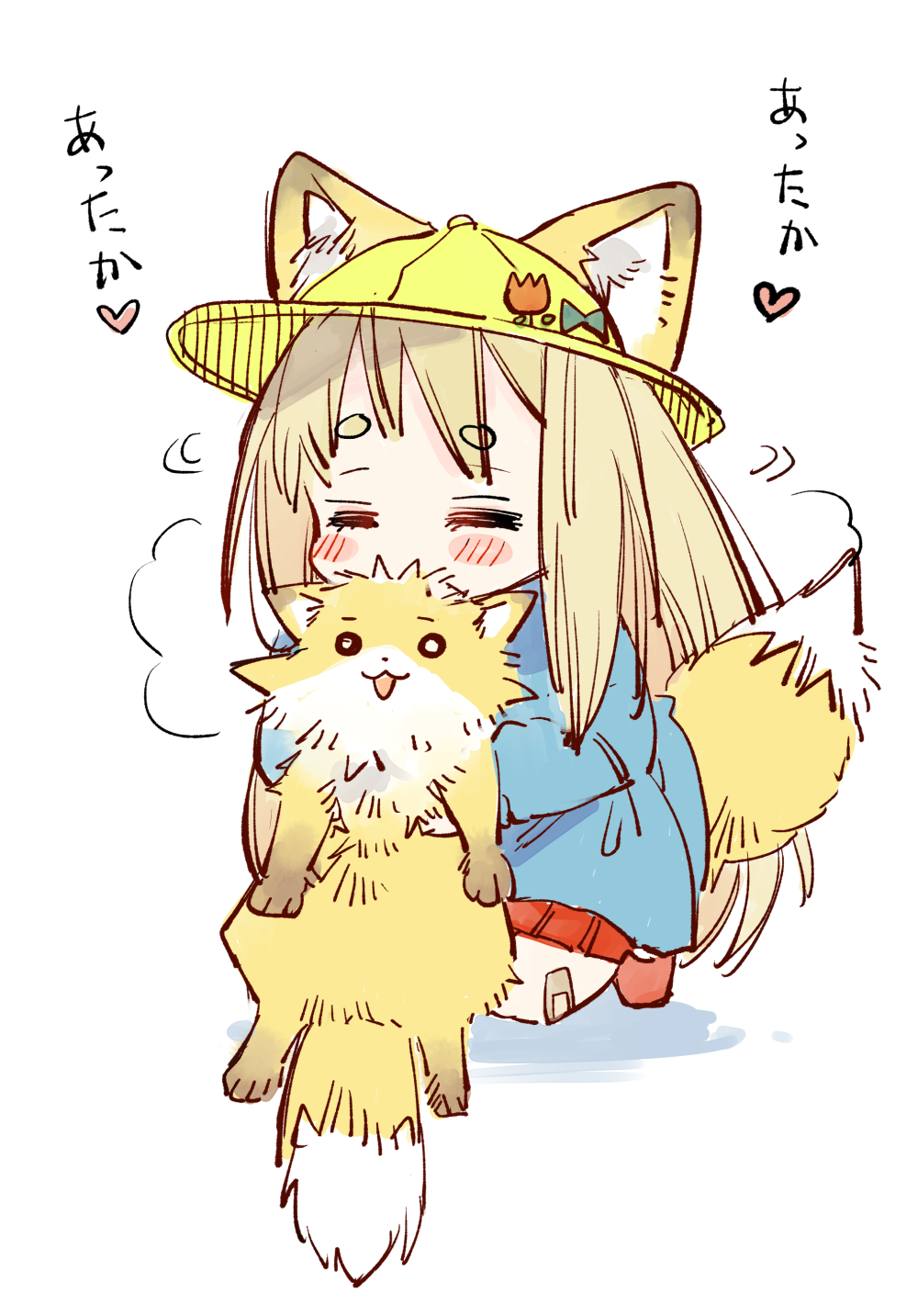 1girl =_= animal animal_ear_fluff animal_ears bangs blonde_hair blue_dress blush_stickers closed_eyes dress ears_through_headwear eyebrows_visible_through_hair fox fox_ears fox_girl fox_tail full_body hat highres holding holding_animal kindergarten_uniform kneeling long_hair mito_(go!go!king!) original pleated_skirt red_footwear red_skirt school_hat shadow shoes short_eyebrows skirt solo tail thick_eyebrows translation_request very_long_hair white_background yellow_headwear