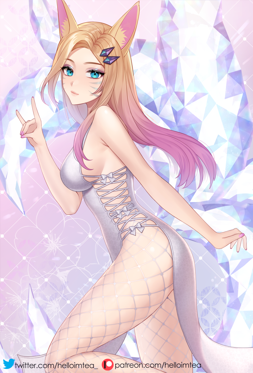 1girl ahri_(league_of_legends) alternate_costume animal_ears artist_name bangs bare_arms bare_shoulders blonde_hair breasts closed_mouth commentary_request crystal dress facial_mark fishnet_legwear fishnets fox_ears from_side green_eyes grey_dress hair_ornament hand_gesture hand_up helloimtea highres k/da_all_out_ahri large_breasts league_of_legends long_hair looking_at_viewer nail_polish no_tail pink_nails smile vastaya web_address whisker_markings
