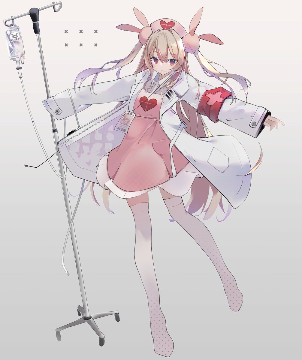 1girl apron bangs blonde_hair blood blood_bag bunny_hair_ornament coat full_body grey_background hair_between_eyes hair_ornament harenchi hat heart highres id_card intravenous_drip labcoat long_hair long_sleeves looking_at_viewer multicolored_hair natori_sana nurse_cap pink_apron pink_headwear purple_hair red_eyes sana_channel simple_background solo symbol-only_commentary thigh-highs two_side_up virtual_youtuber white_coat white_legwear