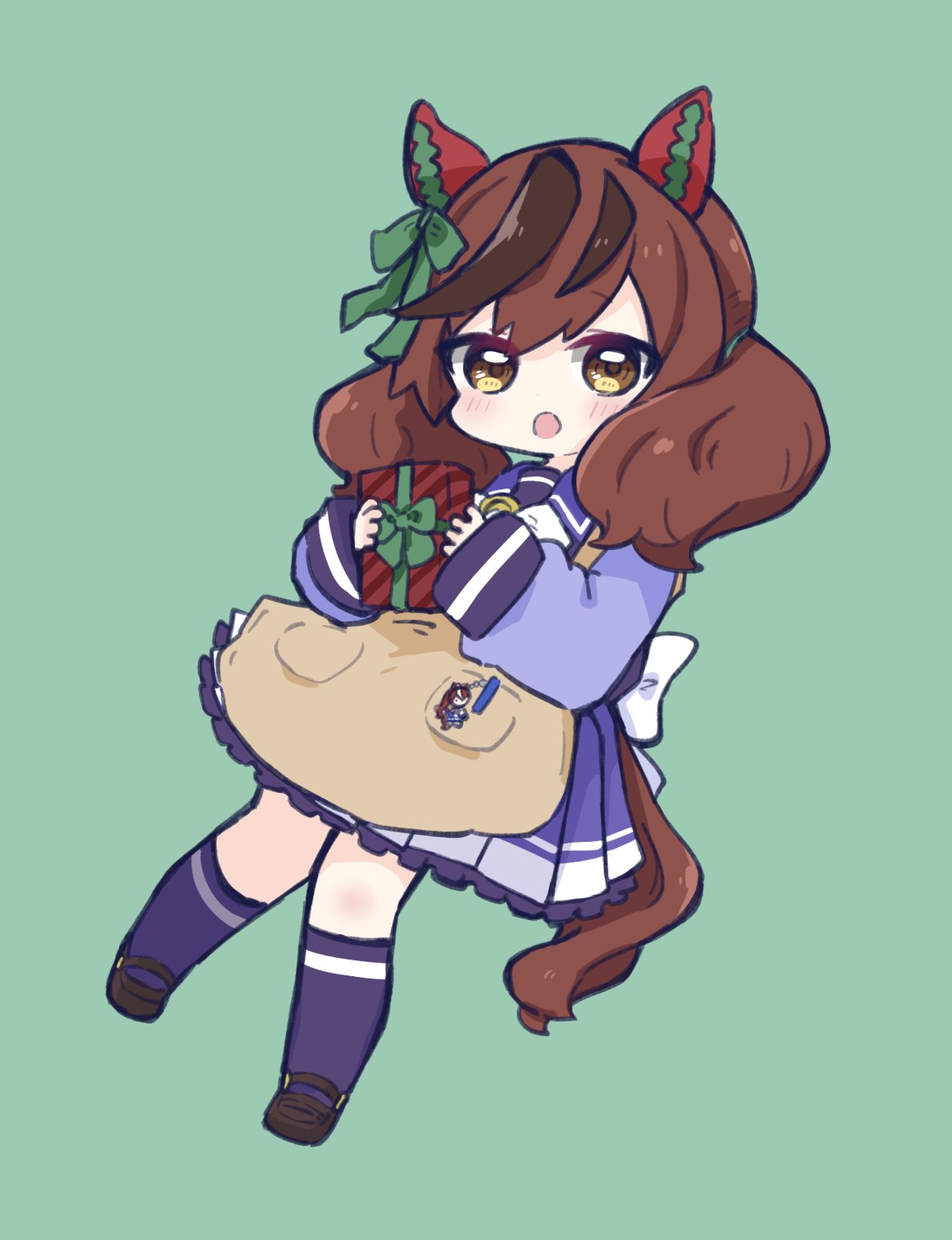 1girl :o animal_ears apron bangs black_footwear blue_shirt blush bow box brown_apron brown_eyes brown_hair chibi commentary_request ear_bow eyebrows_visible_through_hair full_body gift gift_box green_background green_bow highres hitomiz holding holding_gift horse_ears horse_girl horse_tail knees_together_feet_apart loafers long_sleeves looking_at_viewer multicolored_hair nice_nature_(umamusume) open_mouth pleated_skirt puffy_long_sleeves puffy_sleeves purple_legwear purple_skirt school_uniform shirt shoes simple_background skirt sleeves_past_wrists socks solo streaked_hair tail tokai_teio_(umamusume) tracen_school_uniform twintails umamusume white_bow