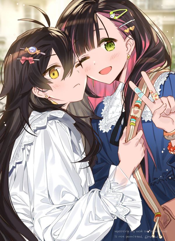 2girls ahoge bandaid bandaid_on_hand black_hair blue_dress blush dress earrings empew eyebrows_visible_through_hair face-to-face green_eyes hair_between_eyes hair_ornament hairclip jewelry long_hair long_sleeves looking_at_viewer multicolored_hair multiple_girls one_eye_closed open_mouth original outdoors shirt signature tareme two-tone_hair v white_shirt yellow_eyes