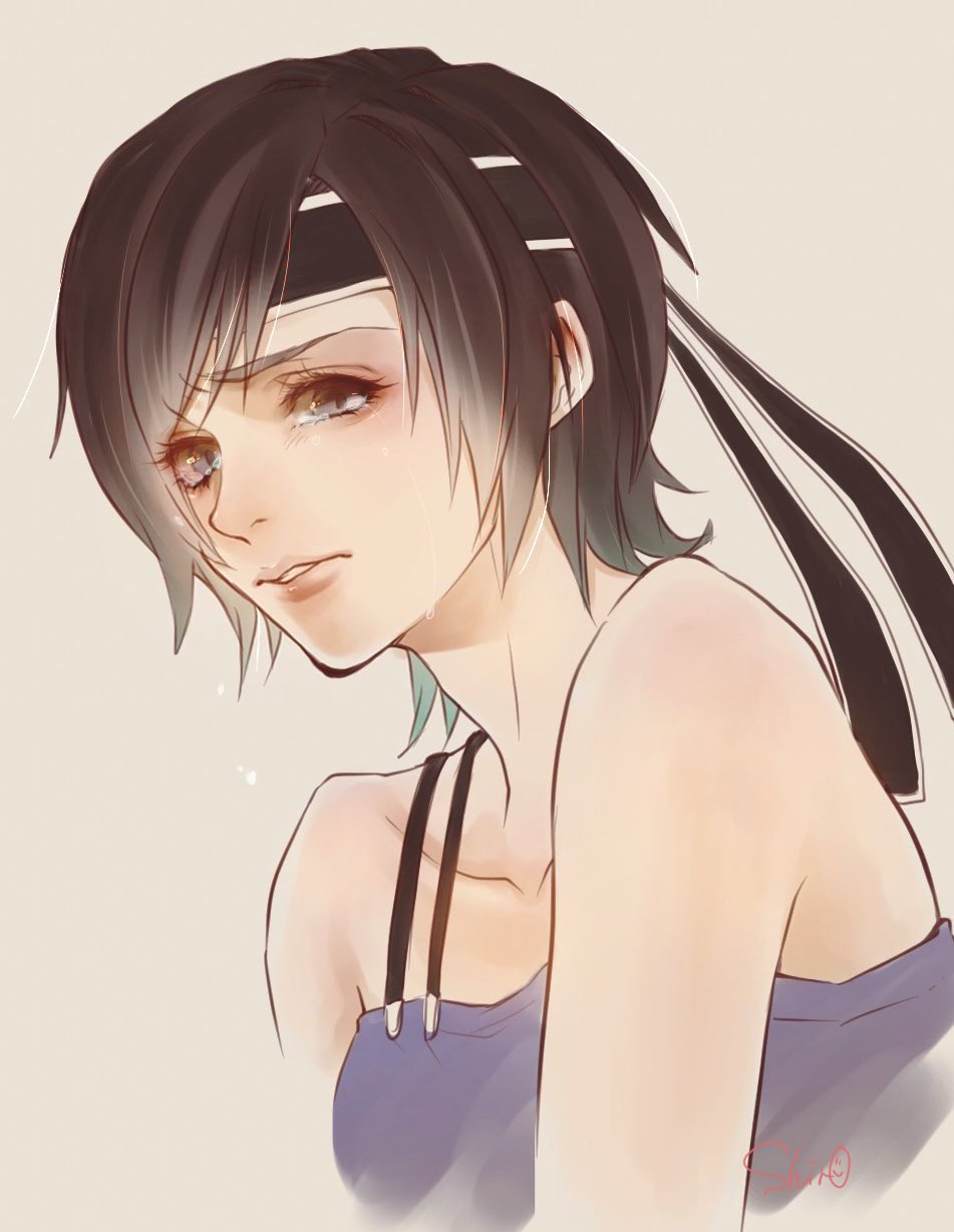1girl blue_shirt brown_hair crop_top crying crying_with_eyes_open dirge_of_cerberus_final_fantasy_vii final_fantasy final_fantasy_vii grey_eyes headband highres s_hitorigoto3 shirt short_hair tearing_up tears yuffie_kisaragi