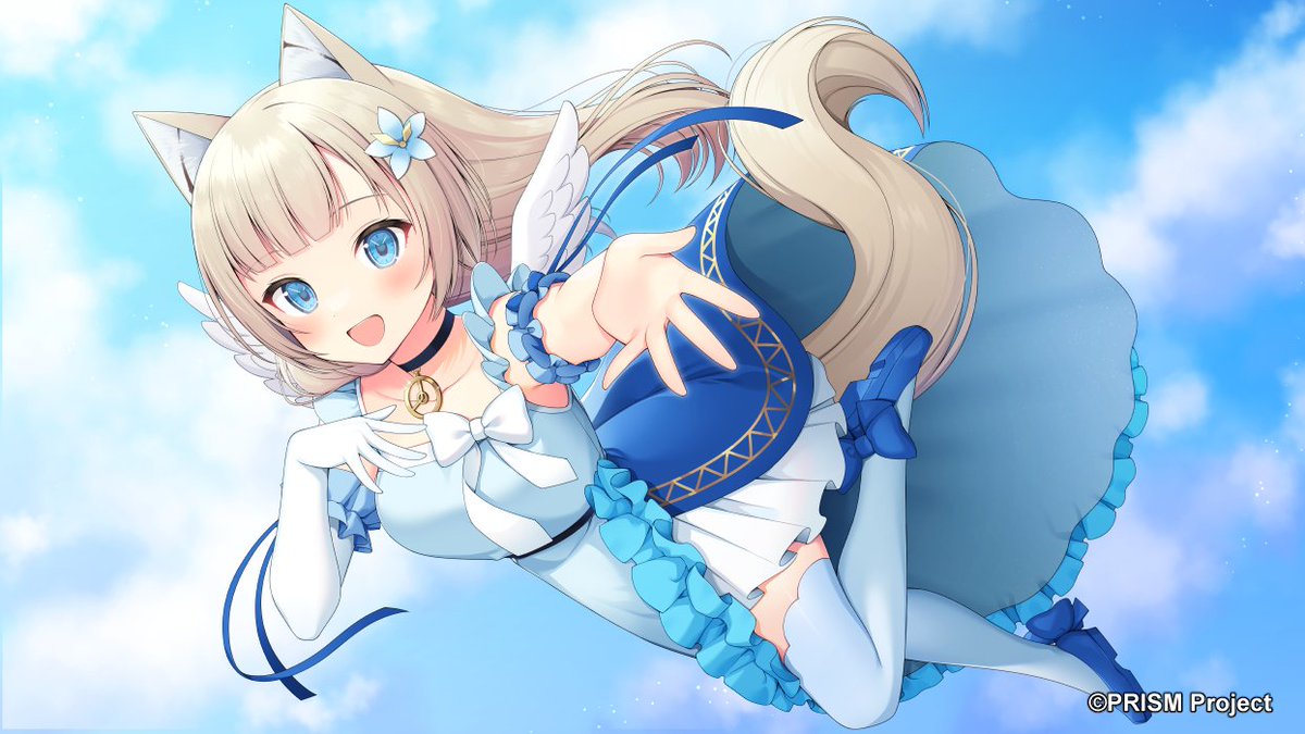 1girl animal_ear_fluff animal_ears asymmetrical_clothes bangs blonde_hair blue_eyes blue_footwear blunt_bangs bow choker clock_hands clock_pendant dress flower fox_ears fox_girl fox_tail gloves hair_flower hair_ornament idol idol_clothes konogi_nogi layered_dress mary_janes music prism_project ribbon shoes singing single_glove solo stage tail thigh-highs tokimori_aoi white_dress white_gloves wings
