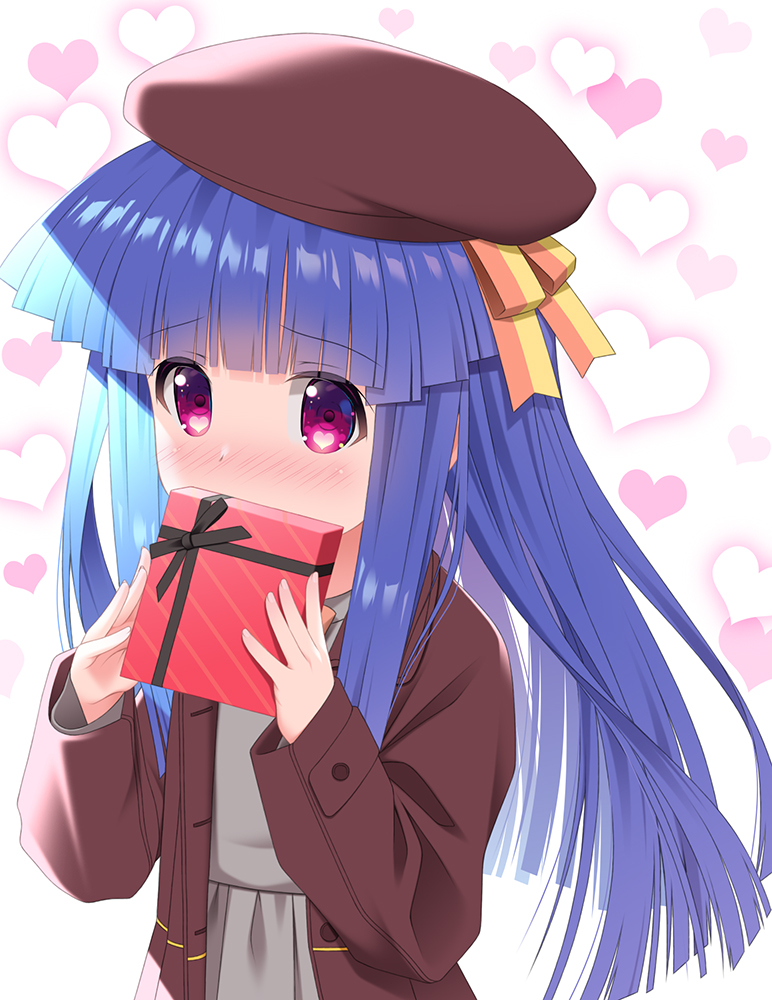 1girl bangs beret blue_hair blunt_bangs blush box brown_headwear brown_jacket commentary_request covered_mouth eyebrows_visible_through_hair furude_rika gaou_(babel) gift gift_box grey_shirt grey_skirt hands_up hat heart heart_background heart_in_eye higurashi_no_naku_koro_ni holding holding_gift jacket long_hair looking_at_viewer nose_blush open_clothes open_jacket pleated_skirt red_eyes shirt skirt solo symbol_in_eye valentine very_long_hair white_background
