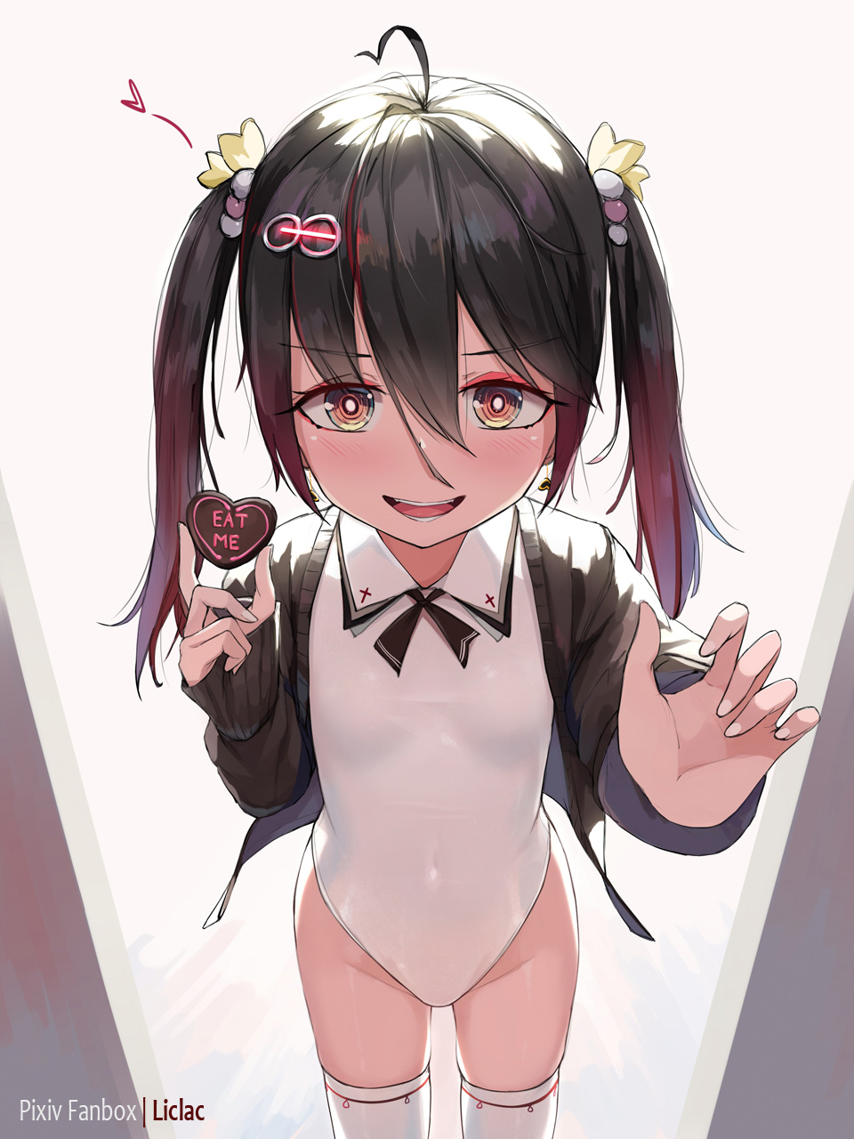 1girl :d ahoge artist_name bangs black_hair black_jacket brown_eyes brown_hair candy chocolate collared_leotard commentary_request eat_me eyebrows_visible_through_hair food glowing gradient_hair groin hair_between_eyes hair_ornament hairclip heart heart-shaped_chocolate highres holding holding_food jacket leotard liclac long_sleeves looking_at_viewer multicolored_hair open_clothes open_jacket original sleeves_past_wrists smile solo thigh-highs valentine white_legwear white_leotard