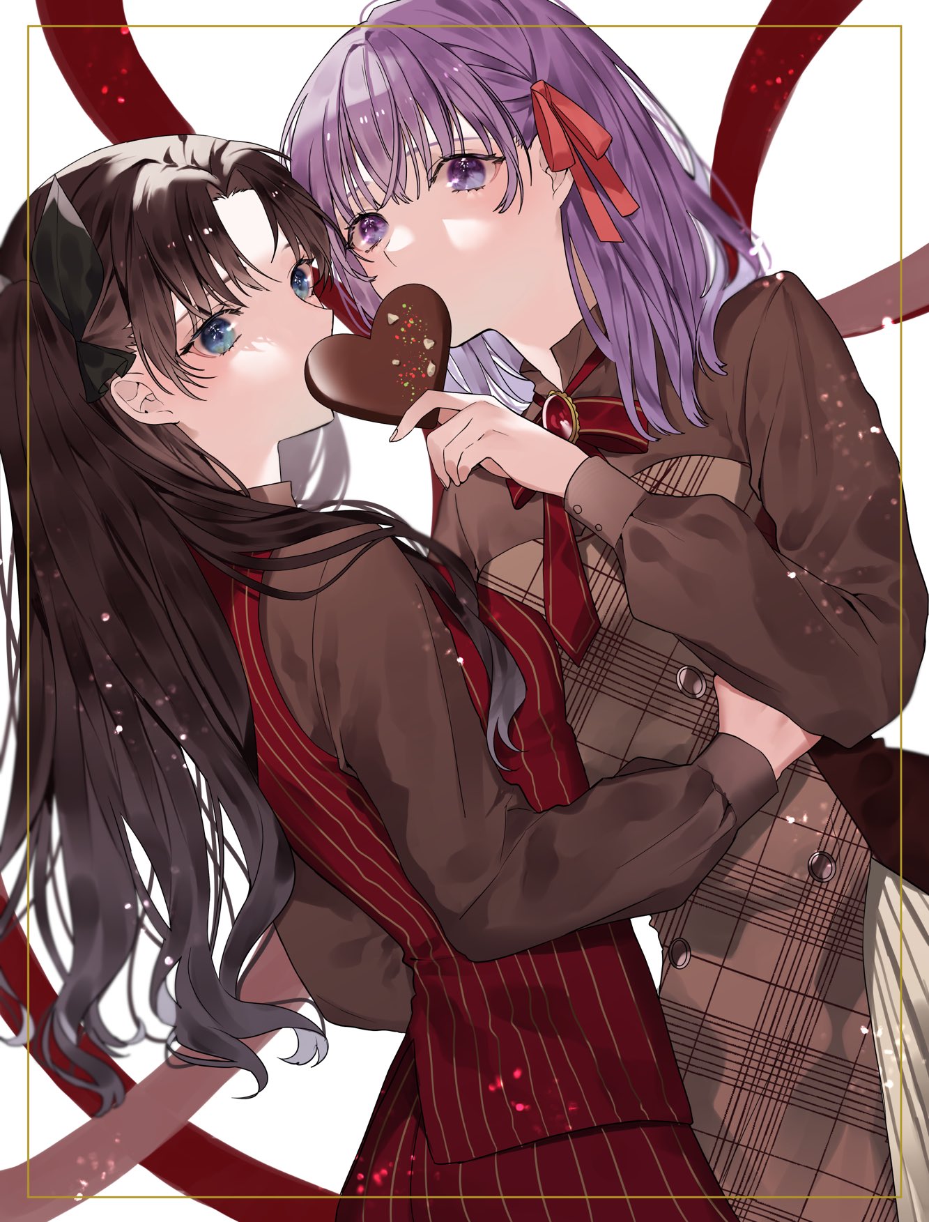 2girls apron bangs black_hair black_ribbon blue_eyes brown_shirt candy chocolate covered_mouth fate/stay_night fate_(series) food hair_ribbon heart heart-shaped_chocolate highres holding holding_chocolate holding_food hug long_hair looking_at_viewer looking_to_the_side matou_sakura multiple_girls purple_hair red_ribbon ribbon shimatori_(sanyyyy) shirt tohsaka_rin twintails valentine violet_eyes white_background