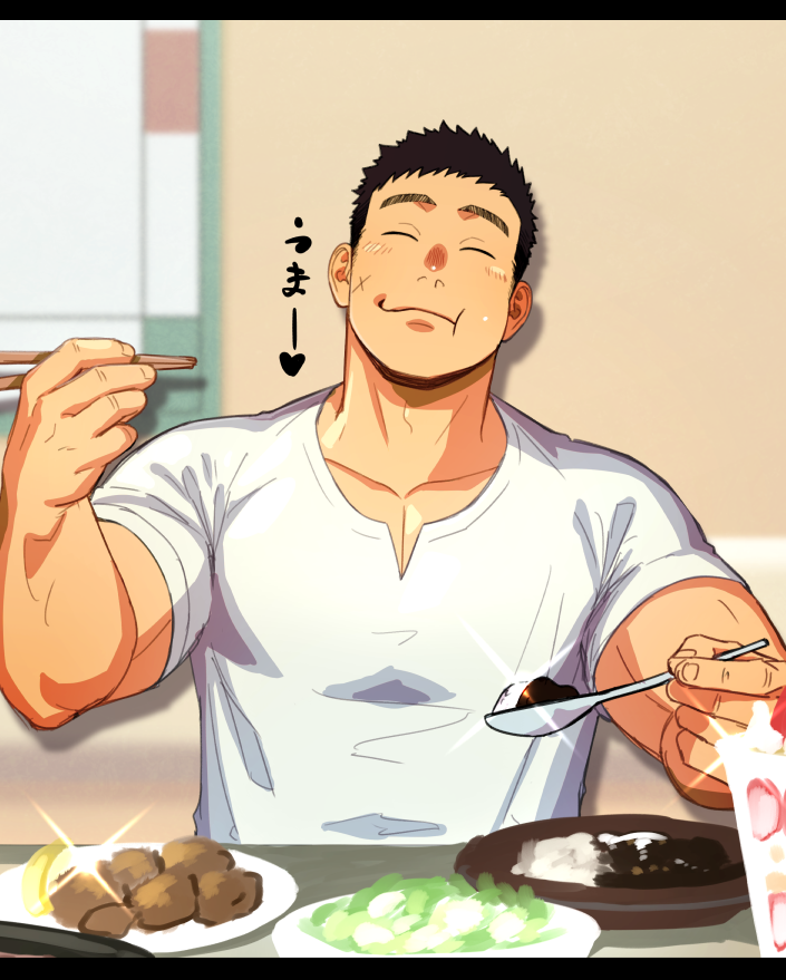 1boy black_hair chopsticks closed_eyes commentary curry curry_rice eating food holding holding_chopsticks holding_spoon itto_(mentaiko) large_pectorals male_focus original pectoral_cleavage pectorals rice scar scar_on_cheek scar_on_face shirt spoon translated white_shirt