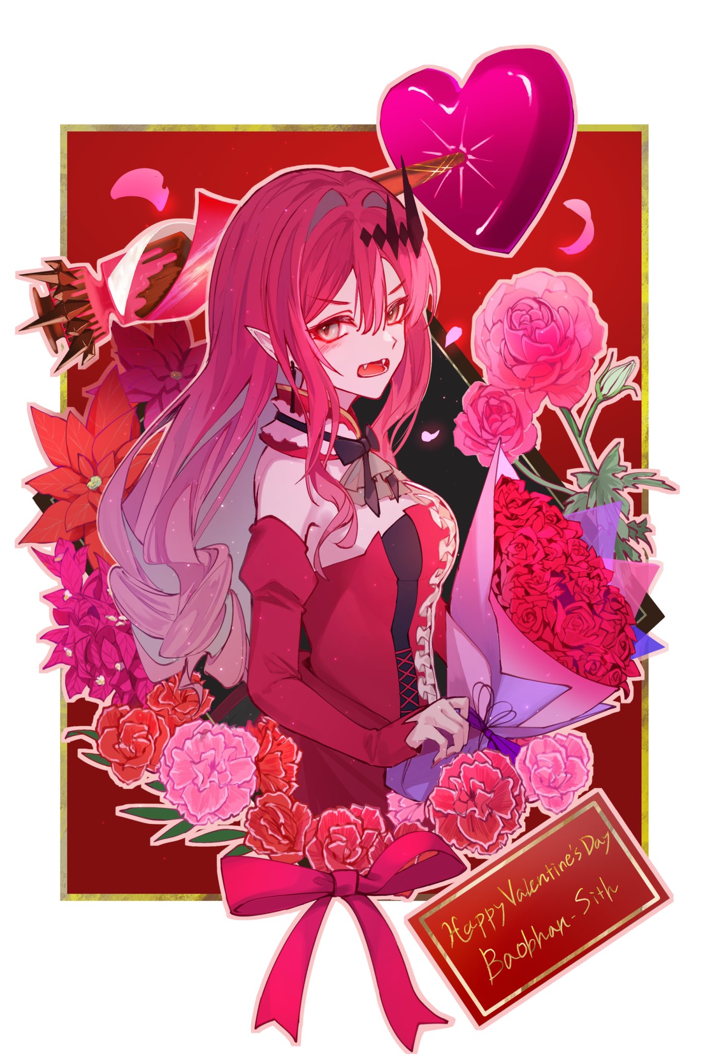 00kashian00 1girl bangs bare_shoulders black_bow blush bow bowtie chocolate curly_hair detached_collar detached_sleeves earrings fairy_knight_tristan_(fate) fangs fate/grand_order fate_(series) floral_background flower frills grey_eyes happy_valentine heart highres holding holding_flower jewelry long_hair looking_at_viewer open_mouth petals pink_bow pink_flower pink_hair pink_rose pointy_ears rose sidelocks solo tiara valentine vampire