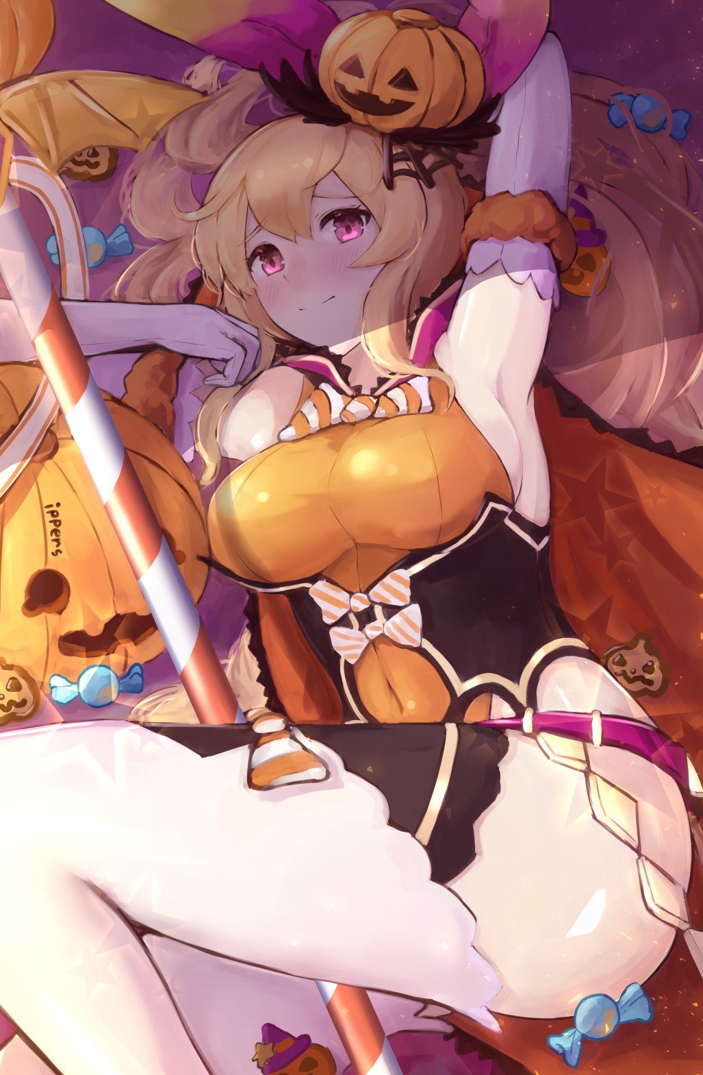 1girl armpits bangs blonde_hair breasts candy dragalia_lost elisanne food garter_straps halloween_costume highres ippers jack-o'-lantern large_breasts long_hair official_alternate_costume ponytail red_eyes